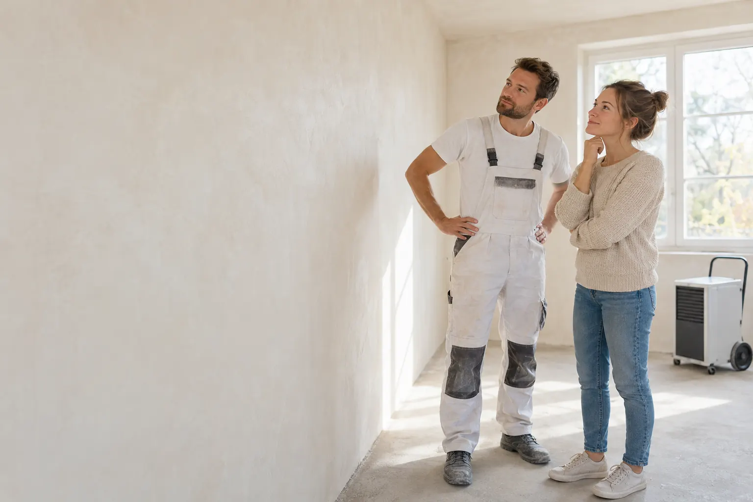 Ein Mann in weißer Arbeitskleidung und eine Frau betrachten eine verputzte Wand im hellen Rohbauraum; rechts steht ein neutraler Entfeuchter.