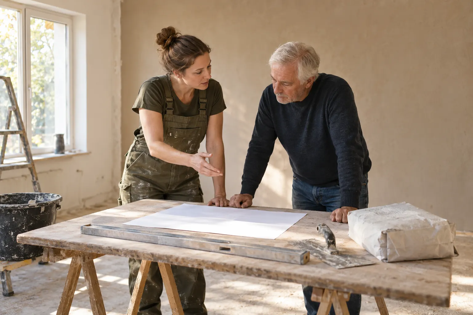 Eine Handwerkerin und ein älterer Mann besprechen ein Blatt auf einem Baustellentisch mit Wasserwaage, Werkzeug und geschlossenem Materialsack.