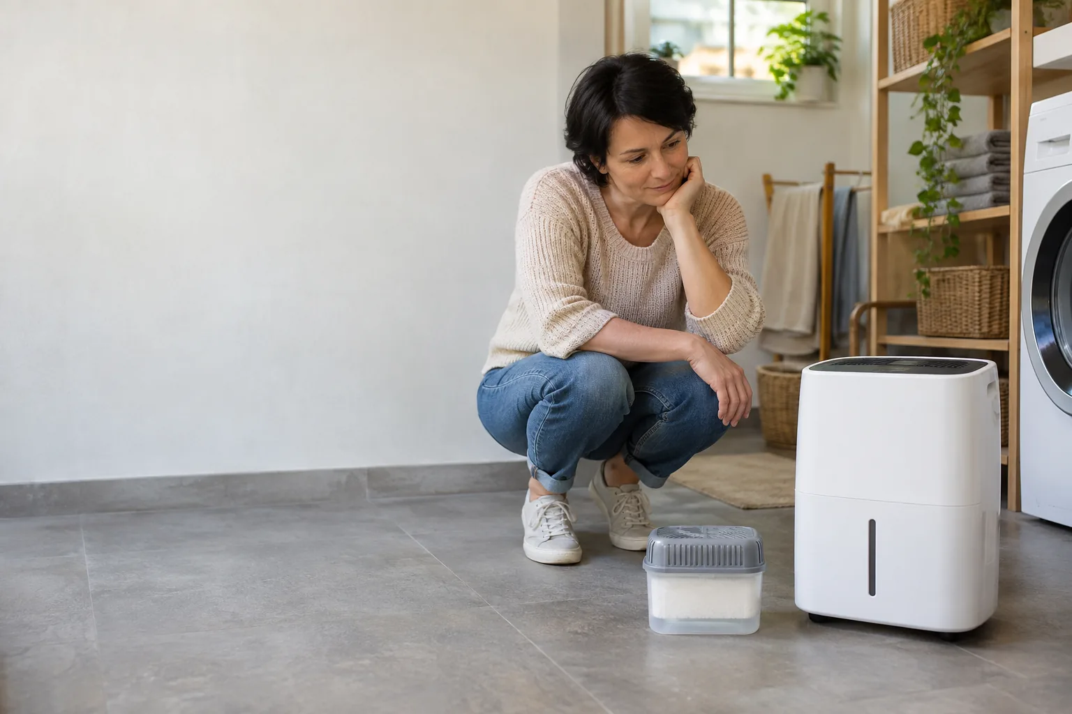 Eine Frau betrachtet eine geschlossene Granulatbox und ein unmarkiertes elektrisches Gerät im Hauswirtschaftsraum.