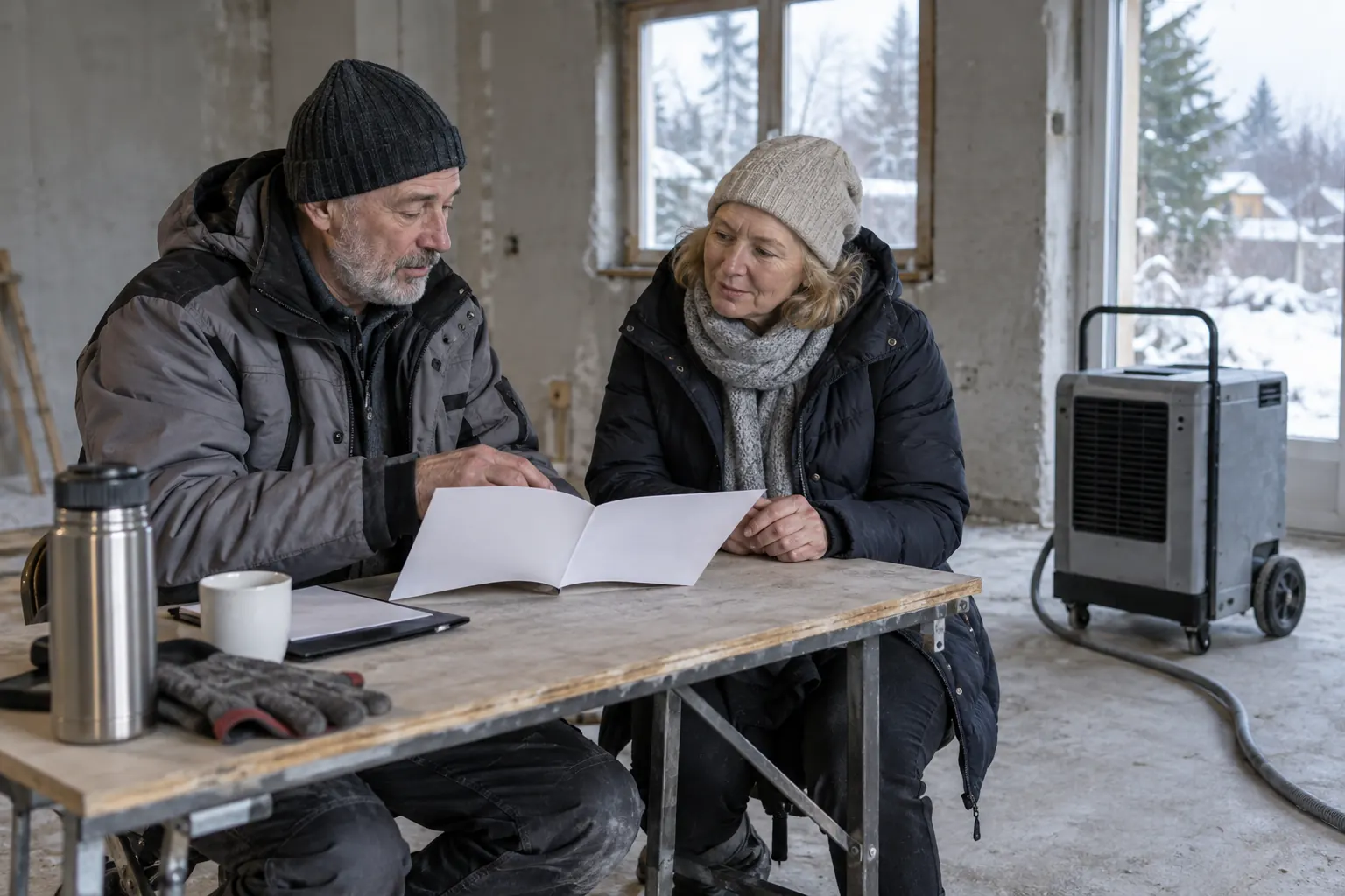 Zwei Erwachsene besprechen im winterlichen Rohbau Unterlagen neben einem Bautrockner.