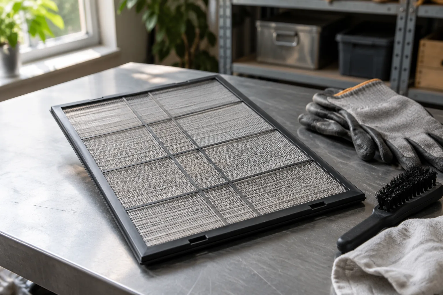 Ein rechteckiger Filterrahmen liegt neben Arbeitshandschuhen, Bürste und Tuch auf einem Metalltisch.