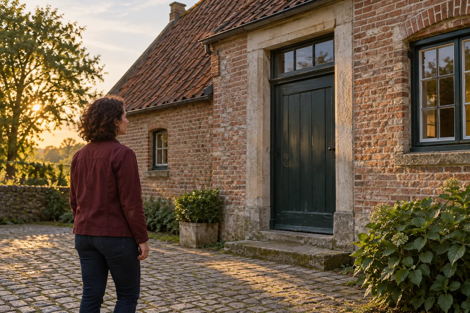 Eine Frau mit kurzen Locken und bordeauxfarbener Jacke blickt im gepflasterten Hof auf die geschlossene dunkelgrüne Holztür eines alten Backsteingebäudes.