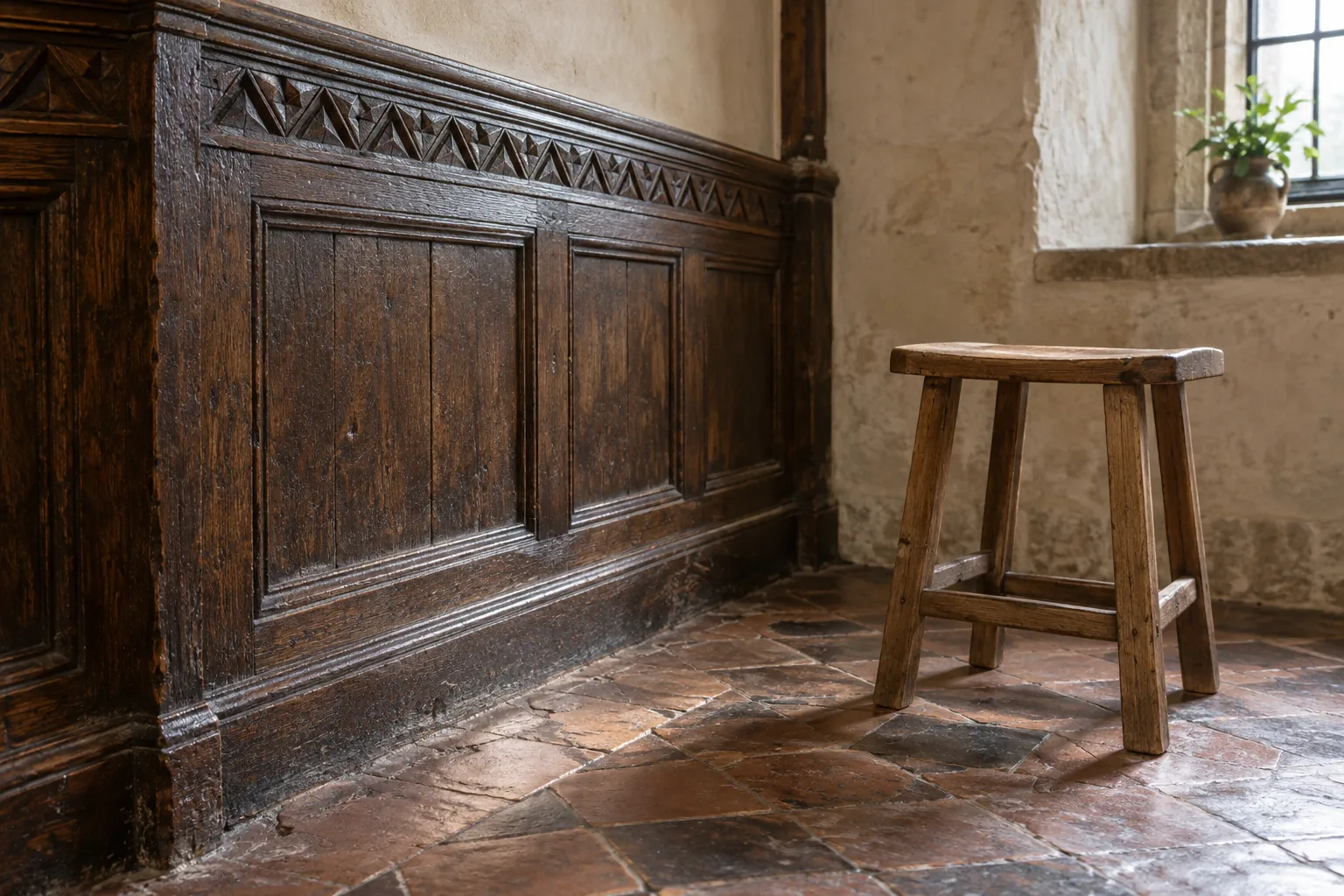 Dunkle gemusterte Holztäfelung an einer hellen Putzwand und ein separat stehender kleiner Holzhocker sind über einem unregelmäßigen Terrakottaboden zu sehen.