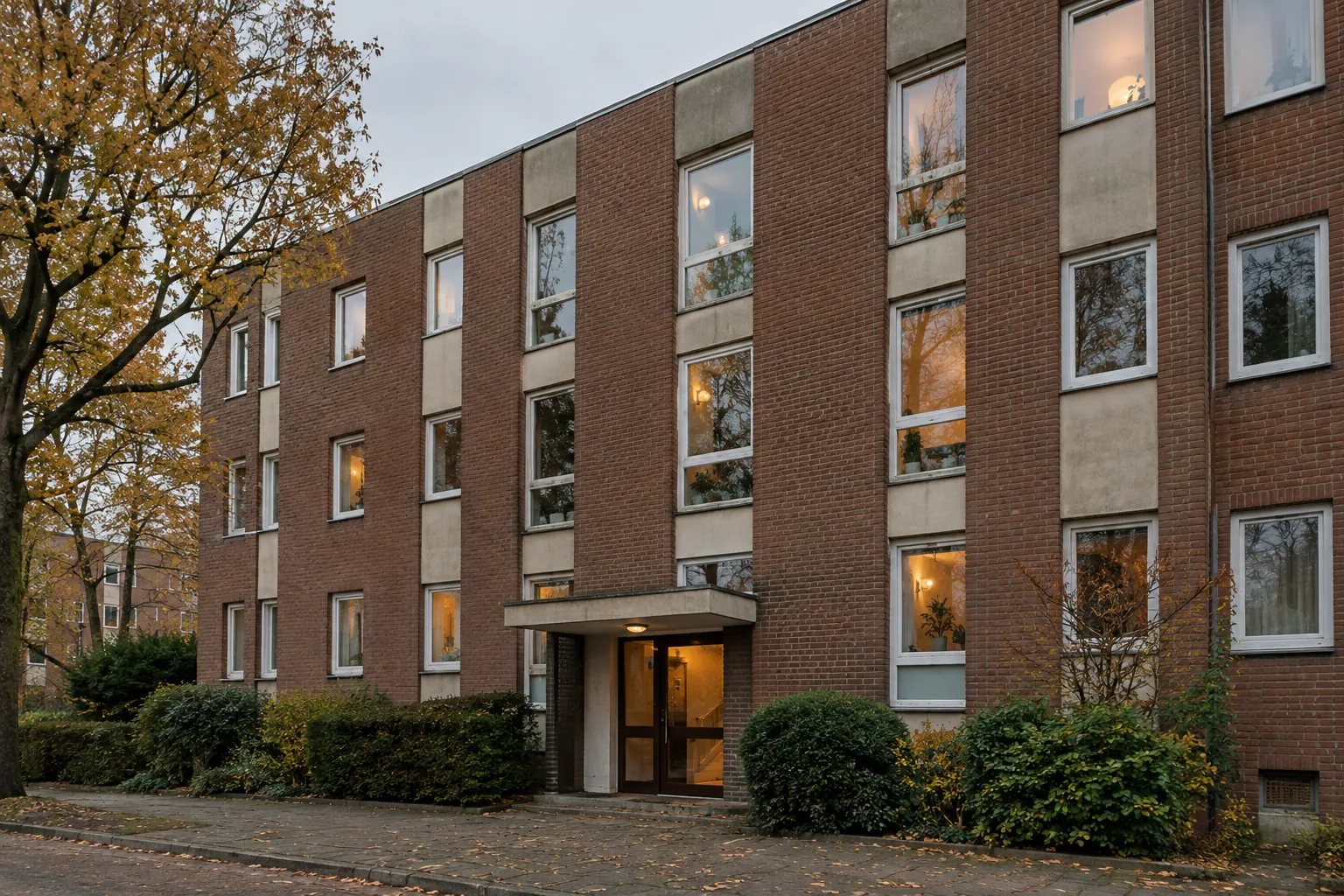 Mehrgeschossiges Wohnhaus mit rotbrauner Backsteinfassade, hellen Betonfeldern und beleuchtetem Eingang zwischen herbstlichem Baum und Sträuchern. KI-generierte Szene.