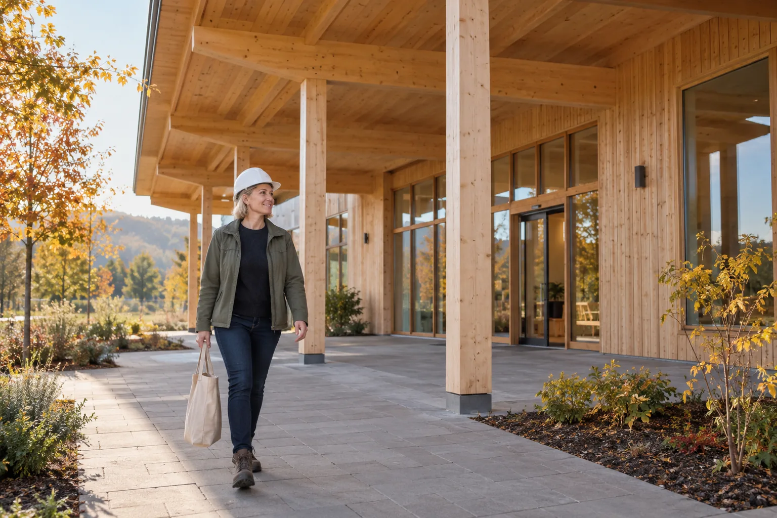 Eine Frau mit weißem Helm, olivfarbener Jacke und Stofftasche geht auf einem gepflasterten Weg vor einem verglasten Holzgebäude mit breitem Vordach.