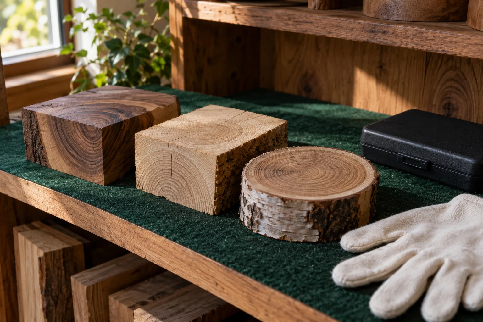 Drei Holzabschnitte mit unterschiedlichen Stirnflächen liegen auf grünem Filz neben einem geschlossenen schwarzen Koffer und hellen Handschuhen.
