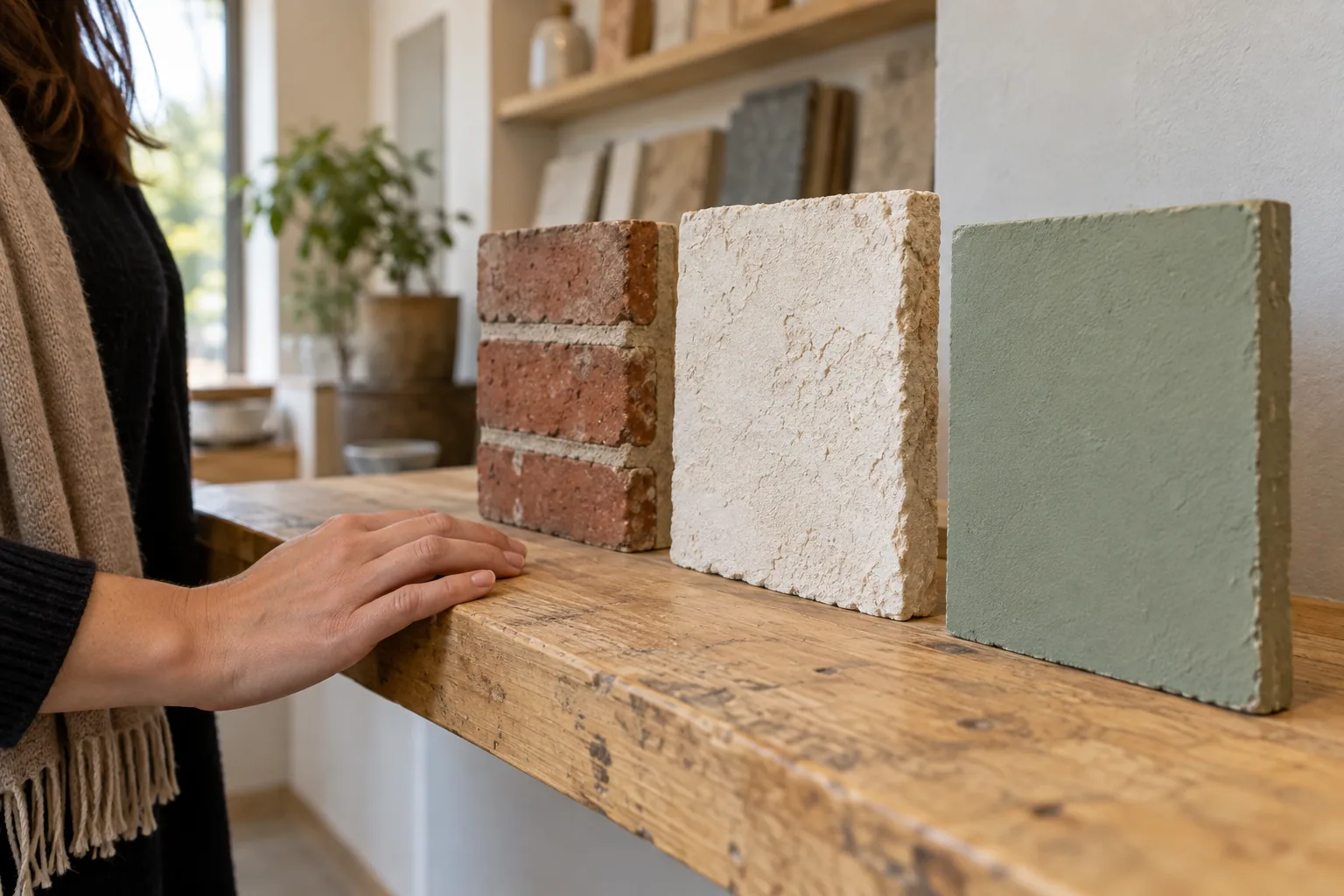 Drei aufrecht stehende Musterstücke mit roter Backsteinoptik, heller rauer Oberfläche und grünem Anstrich stehen auf einer Holzablage; daneben ruht eine Hand auf dem Holz.