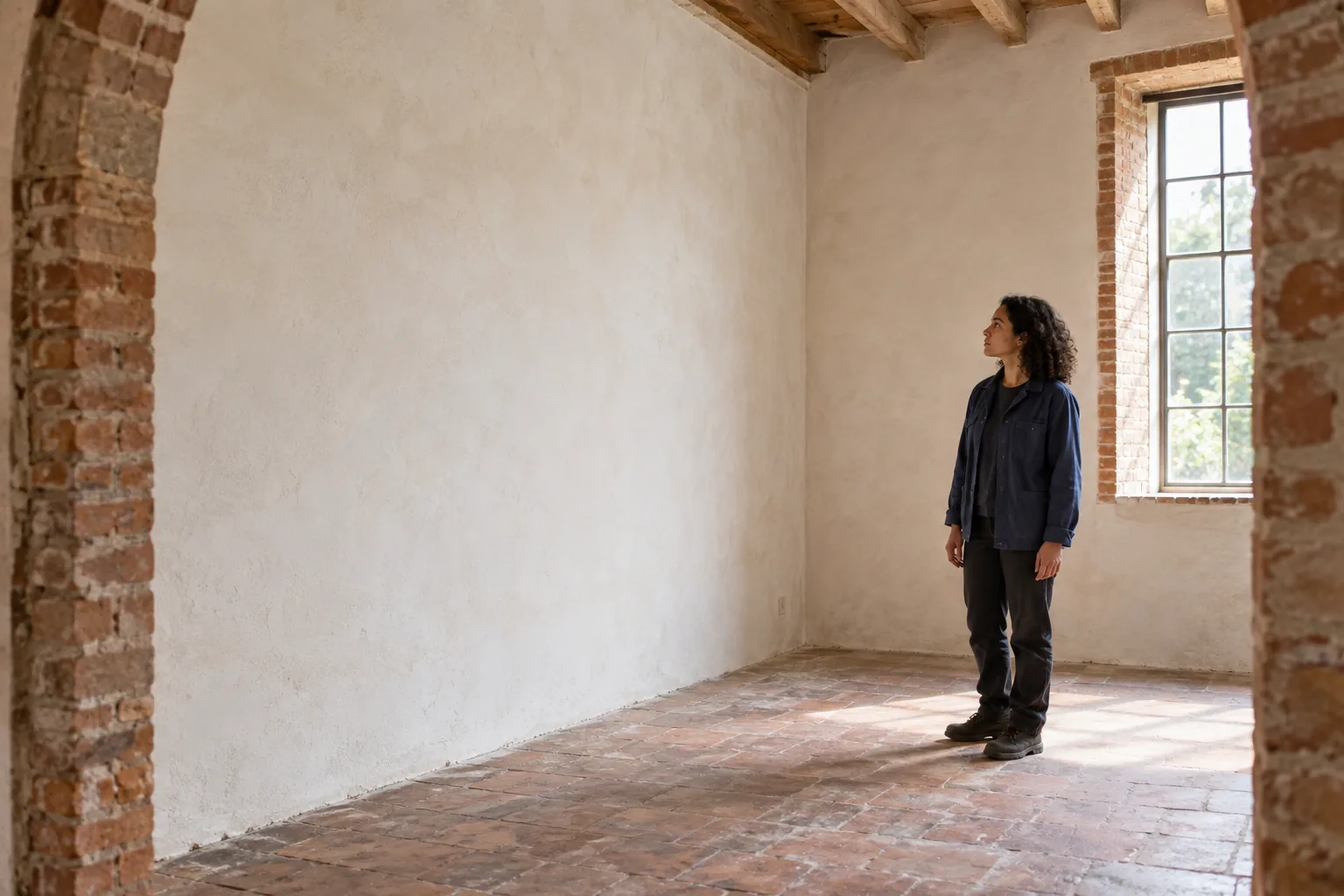 Eine Frau mit dunklen Locken und marineblauer Jacke betrachtet eine große helle Putzwand in einem leeren Raum mit Backsteinlaibungen, Holzbalken und Terrakottaboden.