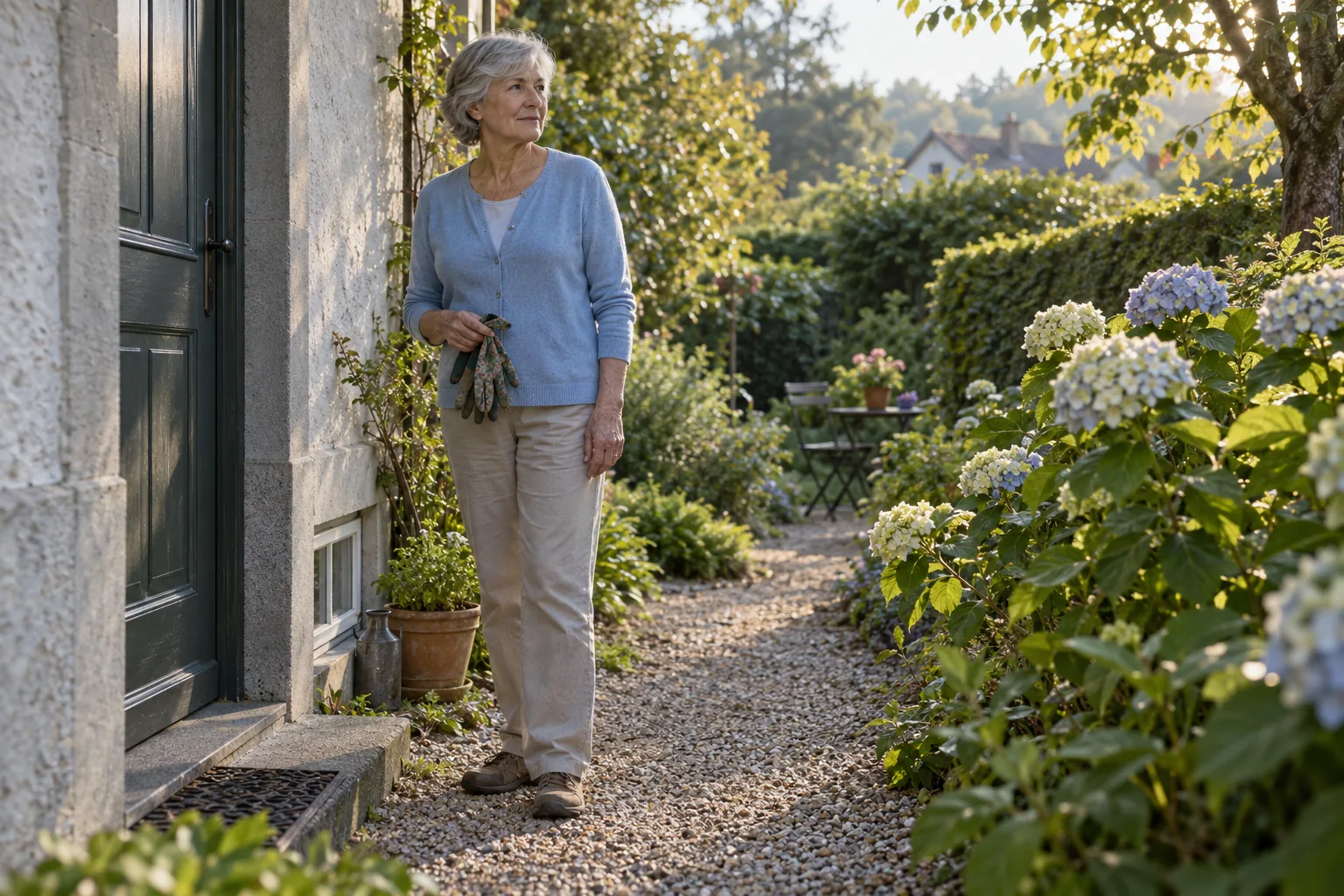 Eine grauhaarige Frau mit Gartenhandschuhen steht im morgendlichen Garten neben einer geschlossenen Seitentür und einem kleinen Kellerfenster.