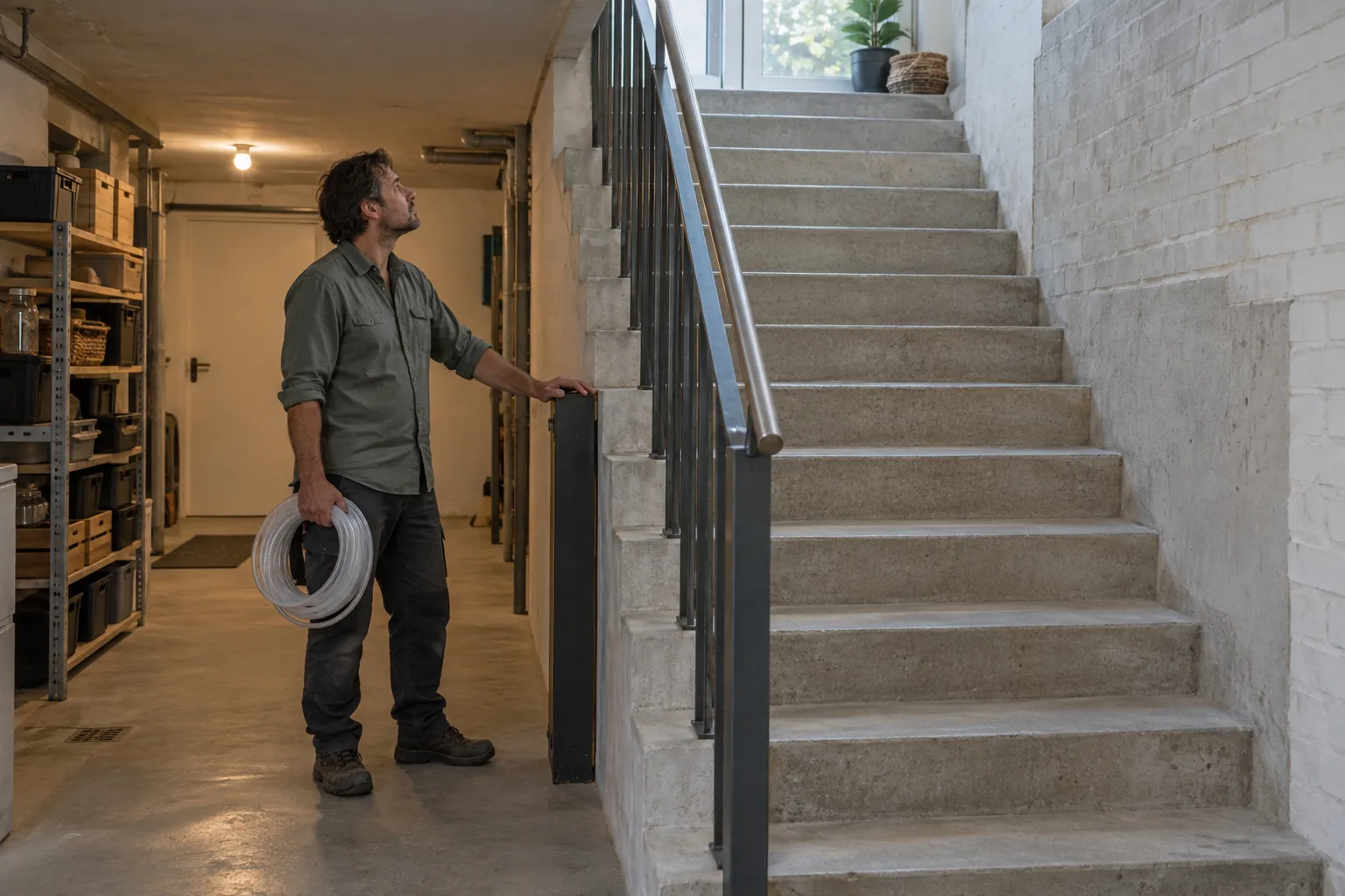 Ein Mann steht mit losem transparentem Schlauch am Fuß einer Betontreppe und blickt von der ebenen Kellerfläche zum oberen Treppenabsatz.