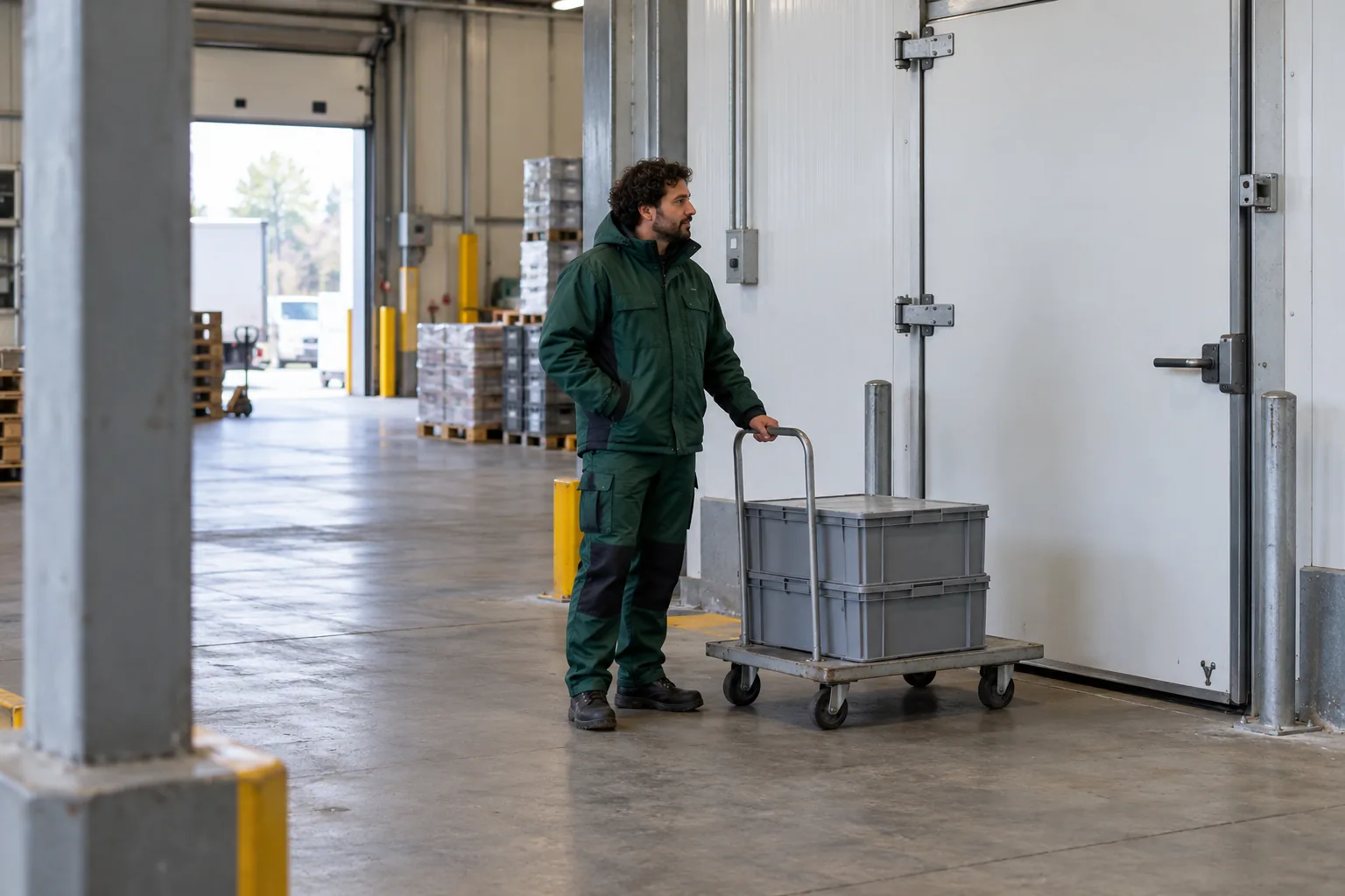 Ein Mitarbeiter in grüner Arbeitskleidung wartet mit einem Handwagen und zwei geschlossenen grauen Kisten vor einer geschlossenen Kühlraumtür.