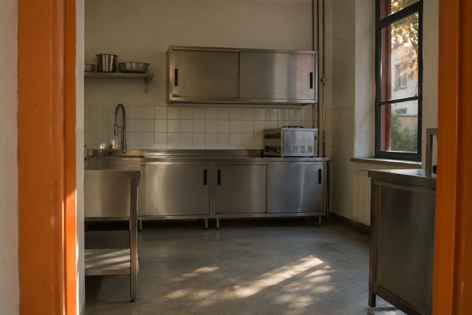 Leerer kleiner Vorbereitungsraum mit geschlossenen Edelstahlschränken, seitlichem Fenster und orangefarbenem Türrahmen im Nachmittagslicht. KI-generierte Szene.