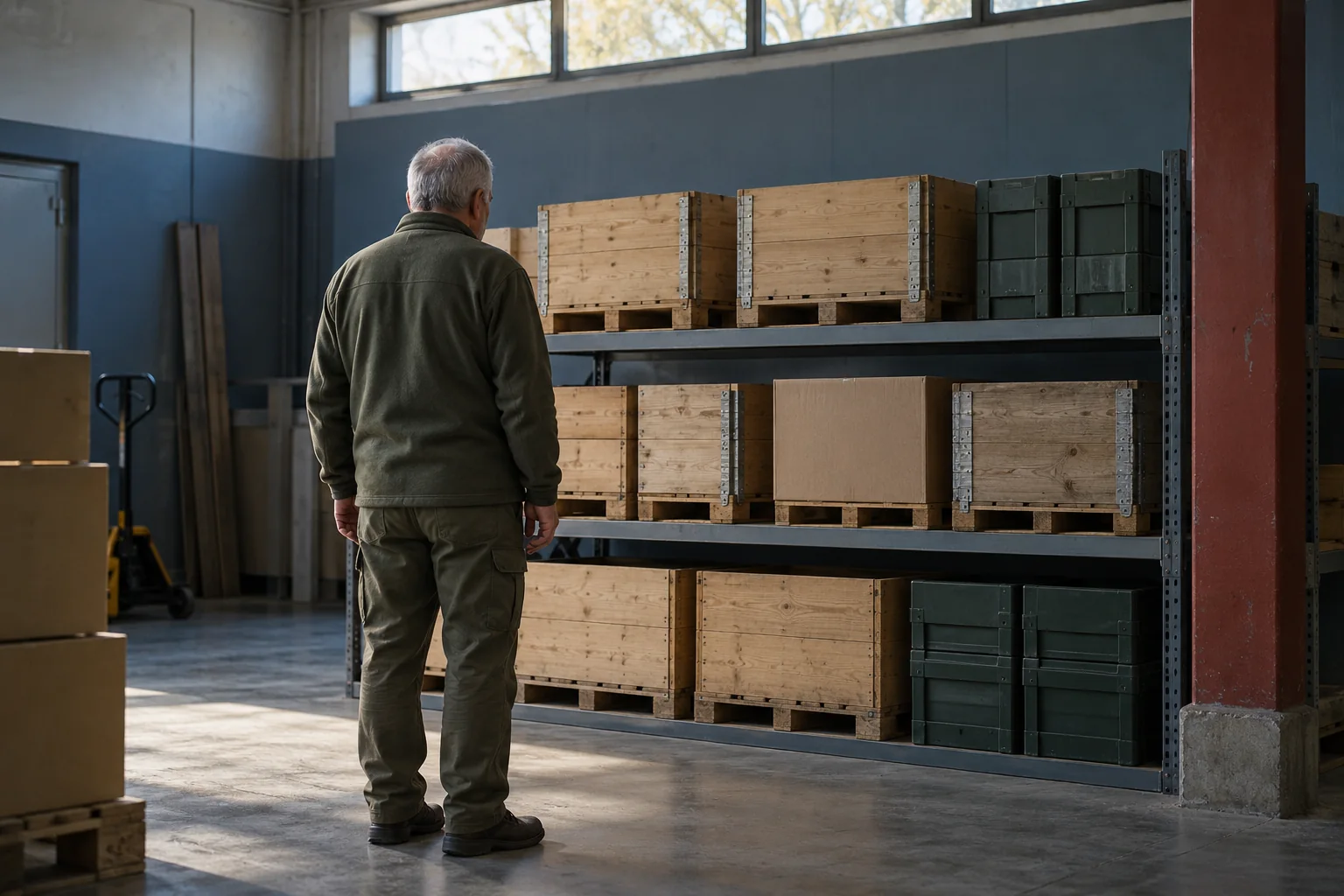 Älterer Mann in moosgrüner Kleidung betrachtet von hinten geschlossene Transportkisten auf einem Regal in einem blaugrauen Lagerraum. KI-generierte Szene.