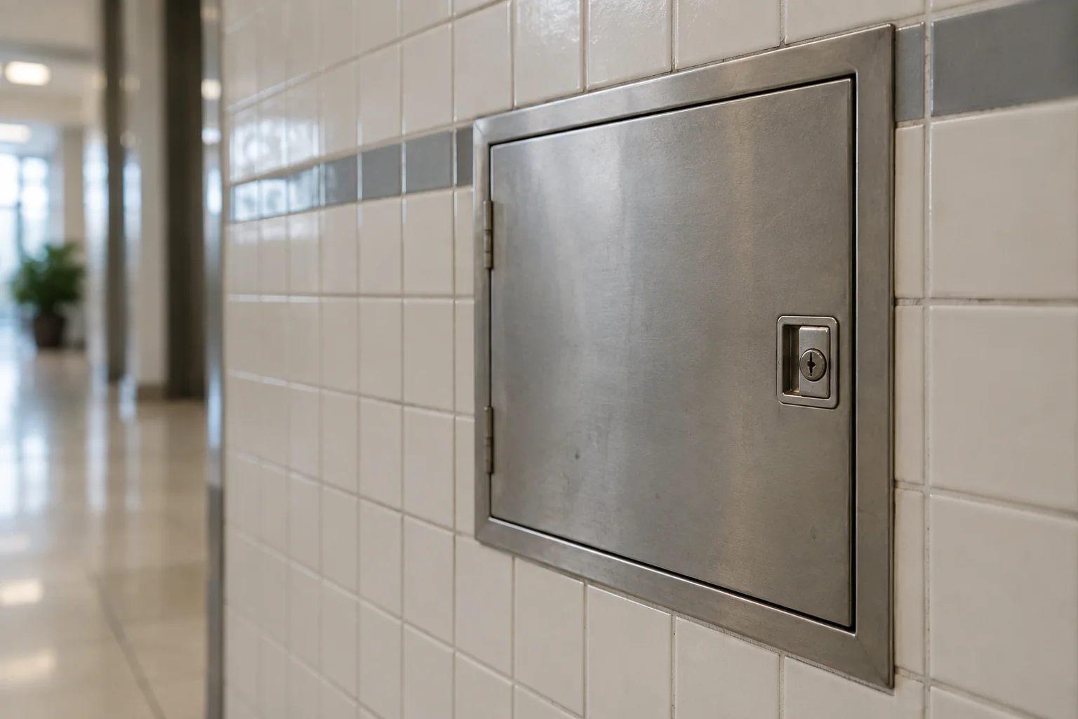 Geschlossene unbeschriftete Metallklappe mit kleinem Schloss in einer hell gefliesten Wand mit grauem Fliesenband. KI-generiertes Detailmotiv.
