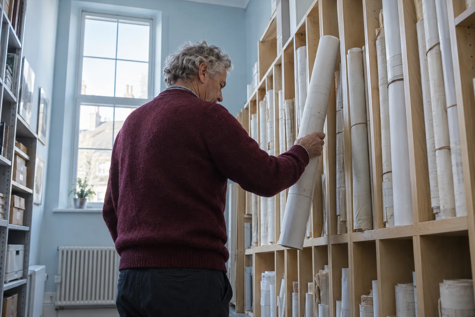 Älterer Mann mit grauem lockigem Haar zieht eine gerollte Zeichnung aus einem Holz-Planregal in einem hellblauen Archivraum. KI-generierte Szene.