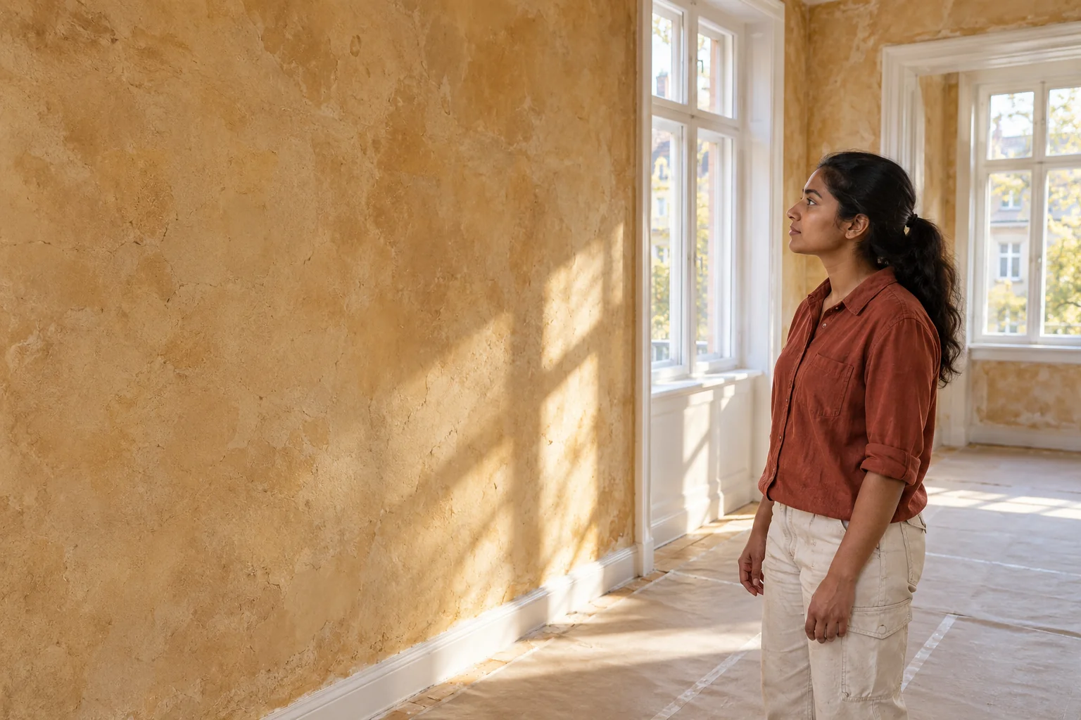 Eine Frau in rostrotem Arbeitshemd betrachtet eine warm strukturierte Wand neben hohen weißen Fenstern in einem sonnigen Renovierungsraum.