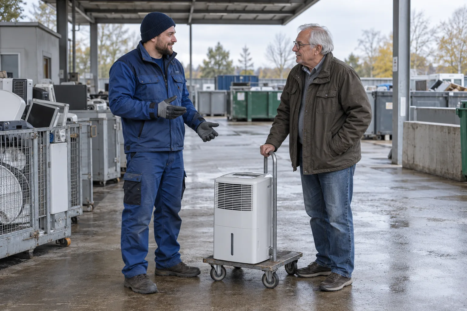 Ein Mitarbeiter einer geordneten Sammelstelle bespricht mit einem älteren Mann die Übergabe eines geschlossenen Entfeuchters auf einem Transportwagen.