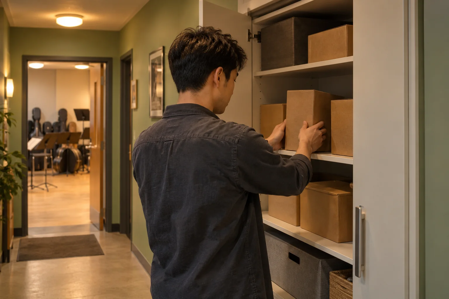 Mann stellt einen geschlossenen unbeschrifteten Karton in einen Schrank neben einem Proberaum. KI-generierte Szene.