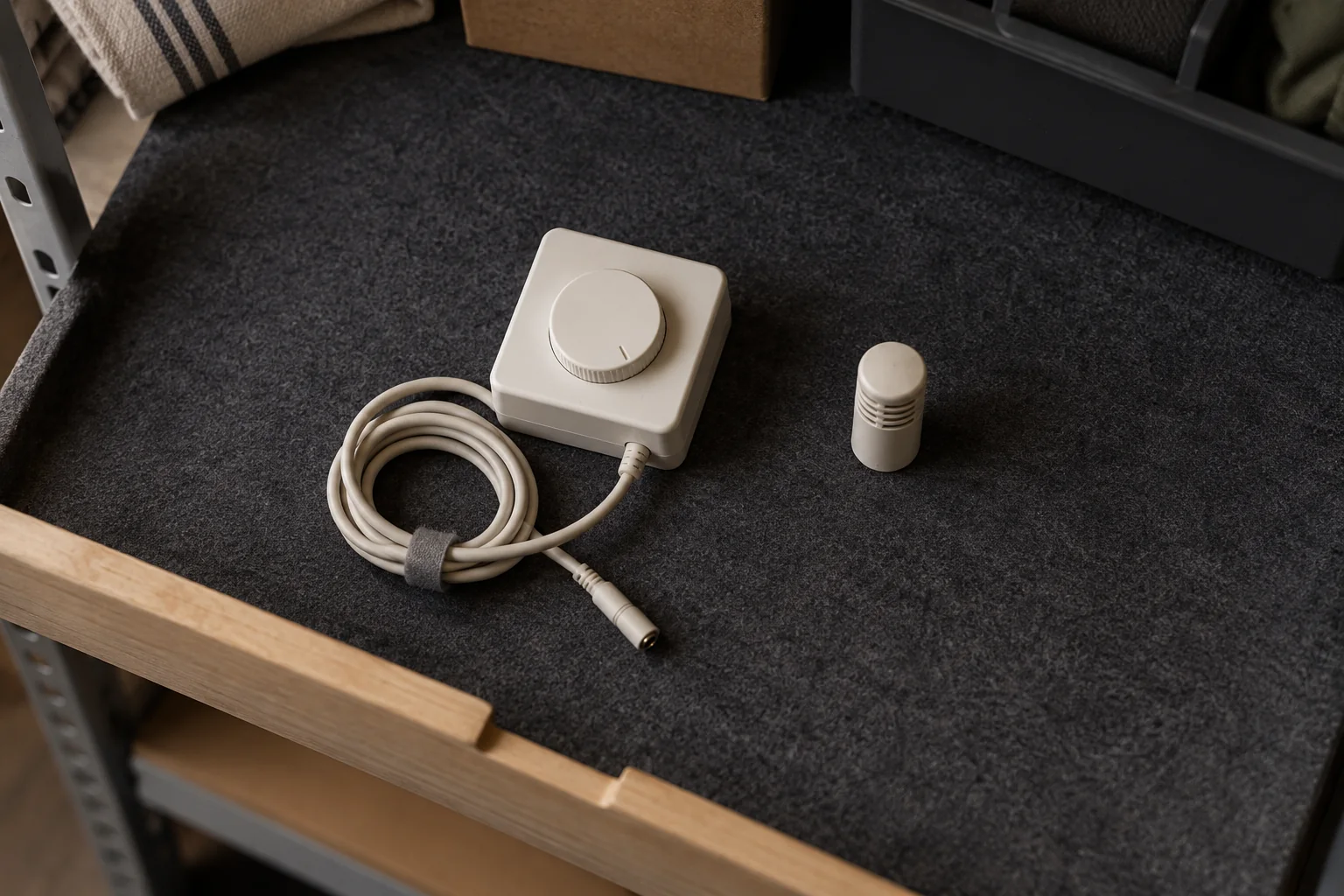 Neutraler geschlossener Drehregler mit losem Kabel und ein getrenntes kleines Fühlergehäuse liegen auf dunklem Filz. KI-generiertes Motiv.