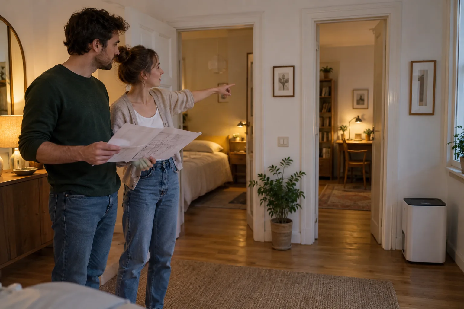 Zwei Erwachsene besprechen die Verbindung zwischen einem Wohnraum und dem Flur.