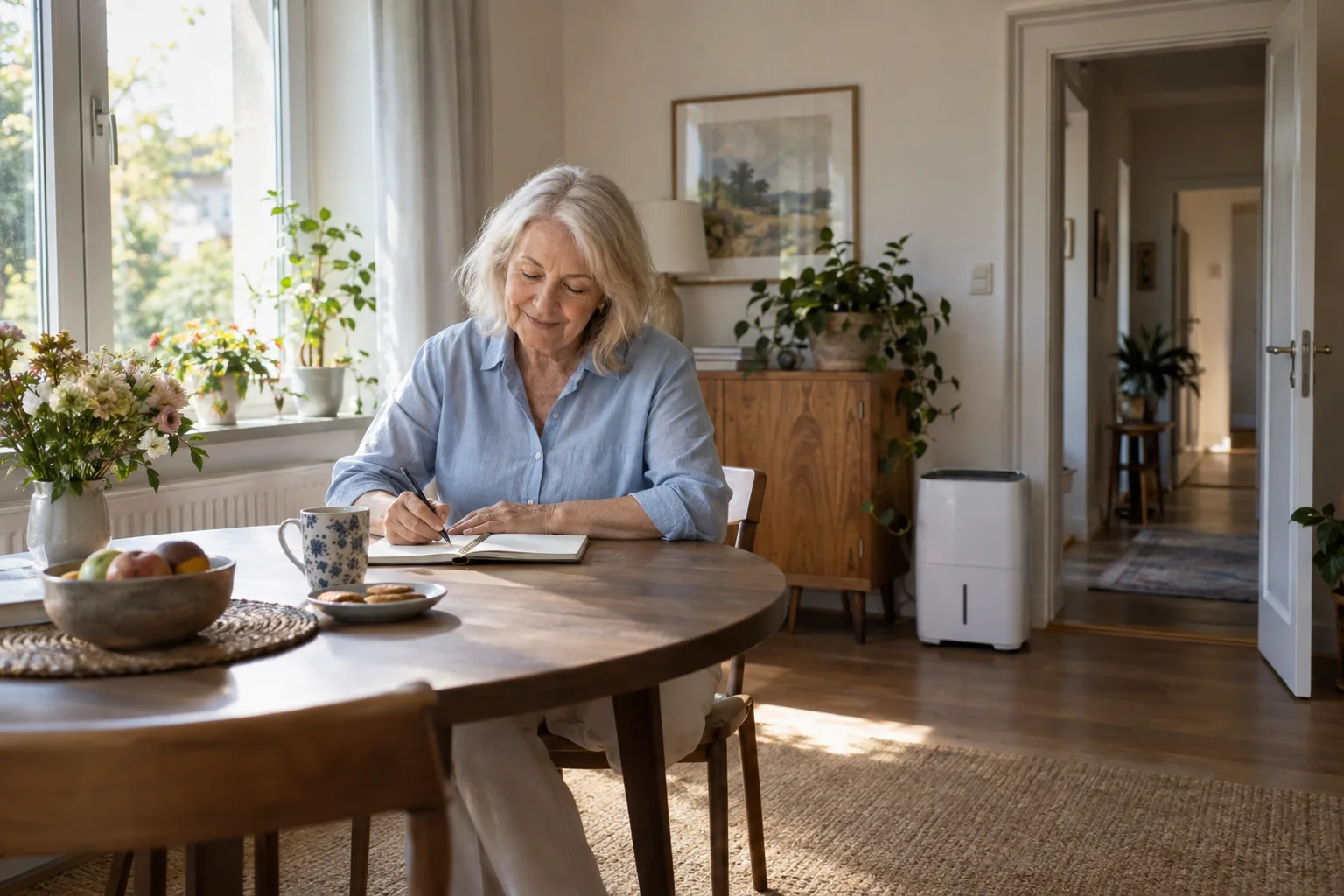 Eine Frau hält im Raum eine Fenster- und Betriebsphase schriftlich fest.