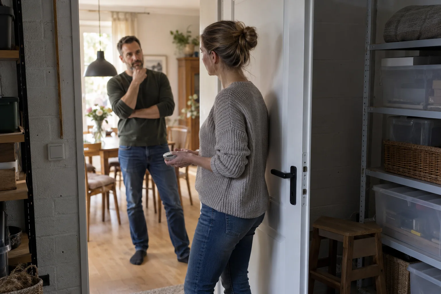 Eine Frau hält ein kleines Messgerät im Türrahmen zwischen einem Abstellraum und einem Wohnraum; ein Mann hört ihr zu.