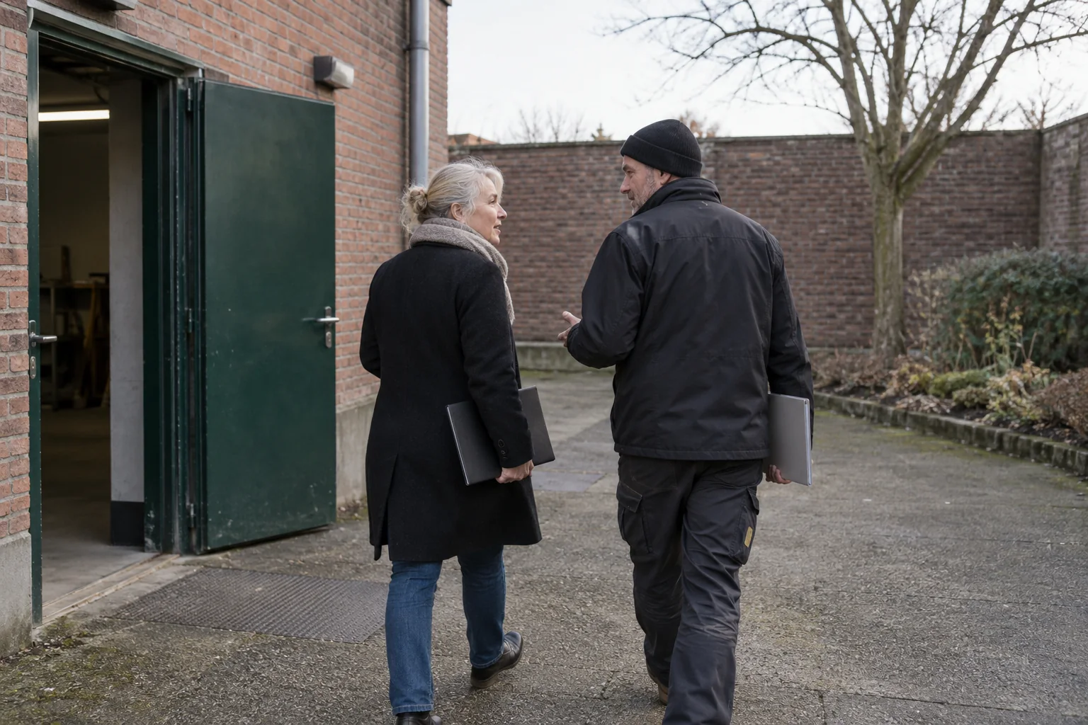 Frau und Mann mit geschlossenen Mappen gehen im Gespräch aus einem Serviceeingang in einen kleinen Hof. KI-generierte Szene.