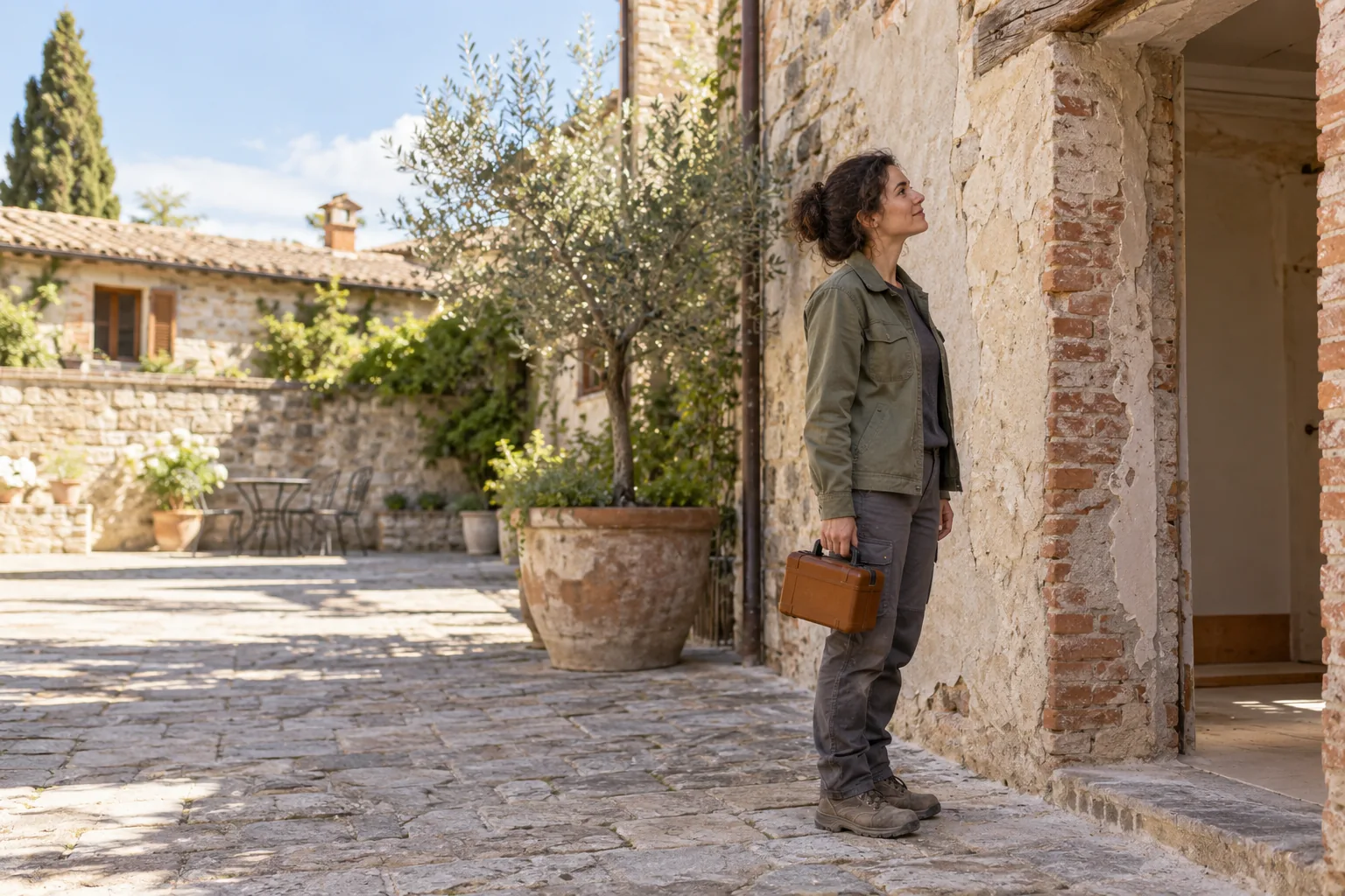Eine Frau mit lockigem Haar und grüner Arbeitsjacke betrachtet eine verputzte Ziegelöffnung in einem sonnigen Hof und hält einen geschlossenen braunen Koffer.