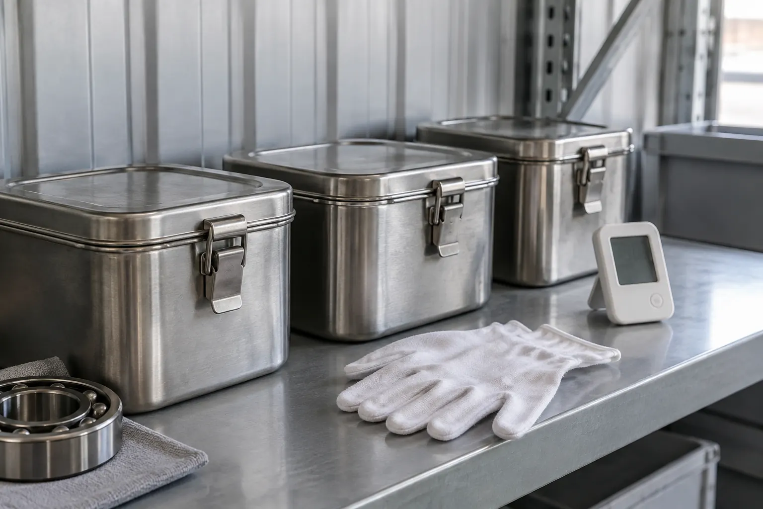 Drei geschlossene Metallboxen, weiße Handschuhe, ein Kugellager und ein kleines weißes Anzeigegerät liegen auf einer Metallablage.