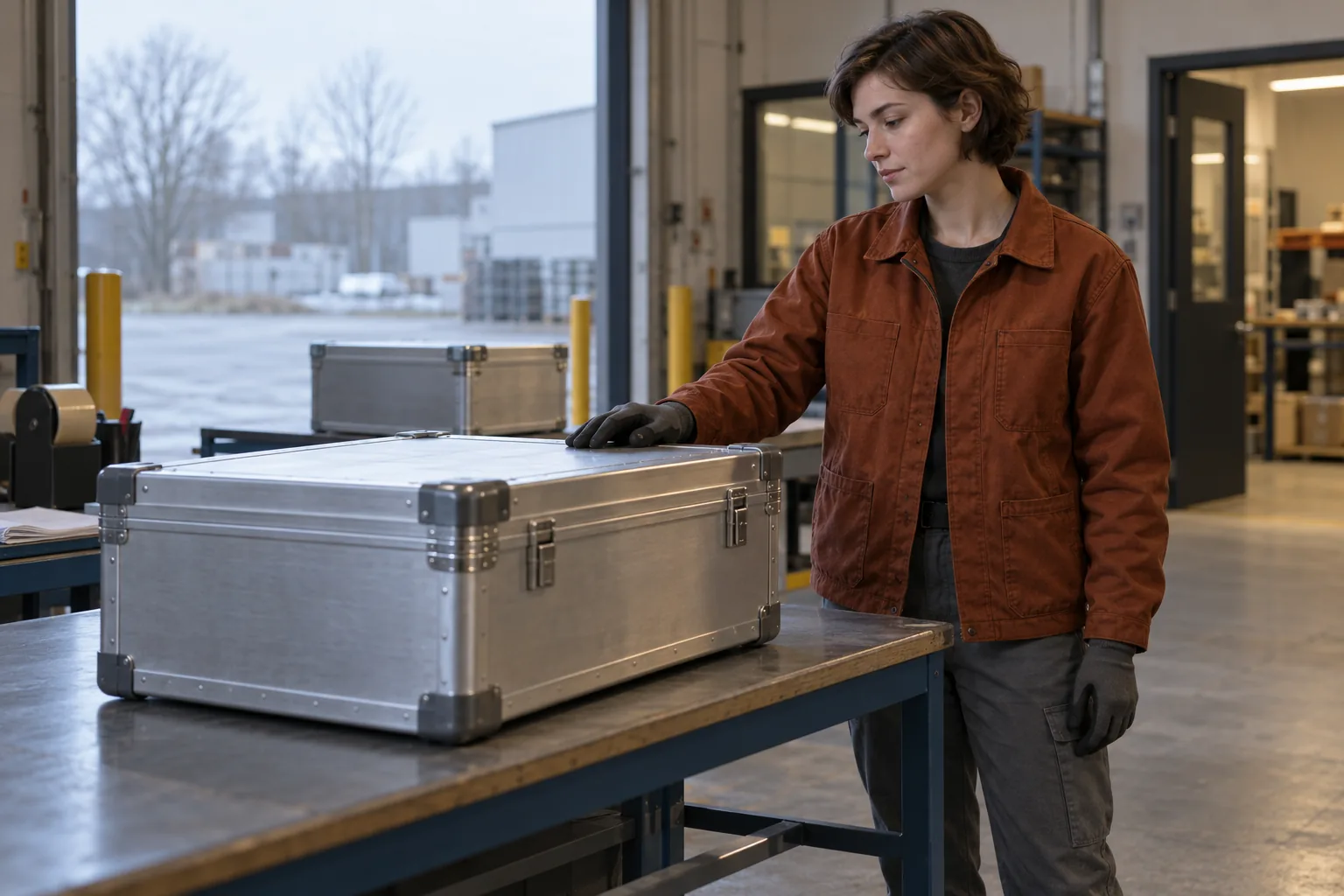 Eine Frau in einer rostfarbenen Arbeitsjacke legt eine behandschuhte Hand auf einen geschlossenen Aluminiumkoffer auf einer Ablage im Wareneingang.