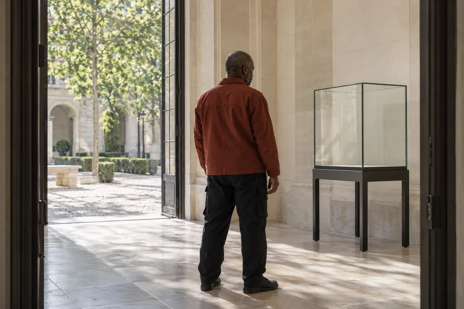 Ein Mann in einer rostfarbenen Jacke betrachtet eine leere Glasvitrine in einer hellen Steinhalle neben einer geöffneten Tür zum grünen Innenhof.