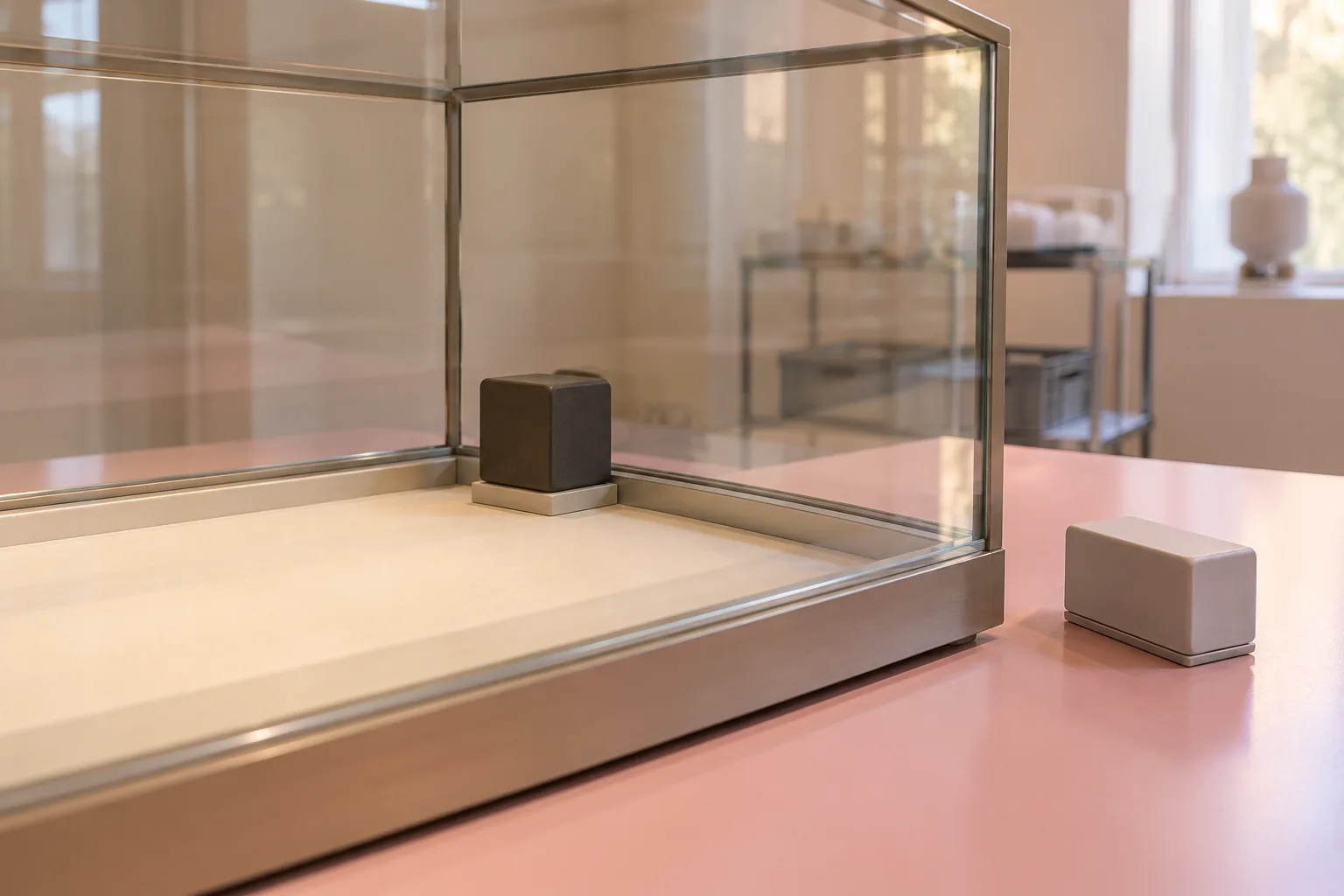 In einer leeren Glasvitrine steht ein dunkles unbeschriftetes Gehäuse; ein helles unbeschriftetes Gehäuse steht außerhalb auf einer rosafarbenen Fläche.