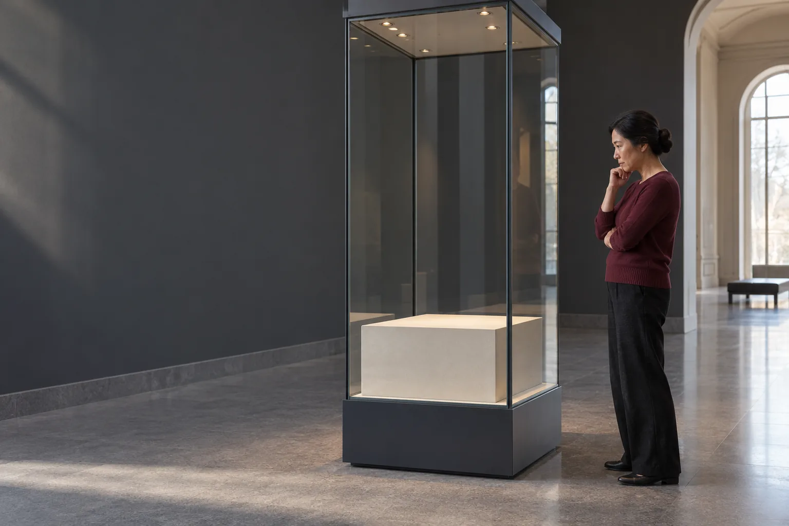 Eine Frau in einem burgunderfarbenen Pullover betrachtet eine leere hohe Glasvitrine vor einer dunklen Galeriewand und einem hellen Bogenfenster.