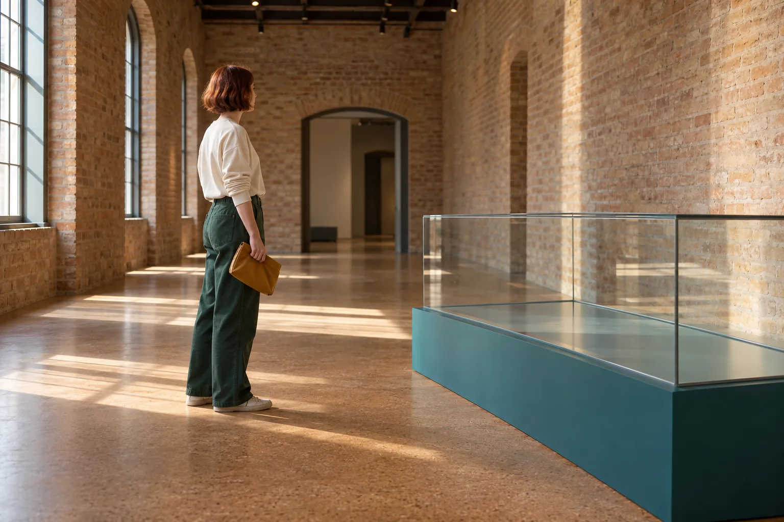 Eine Frau mit kurzem rötlichem Haar steht neben einer leeren niedrigen Glasvitrine auf petrolfarbenem Sockel in einer sonnigen Backsteingalerie.