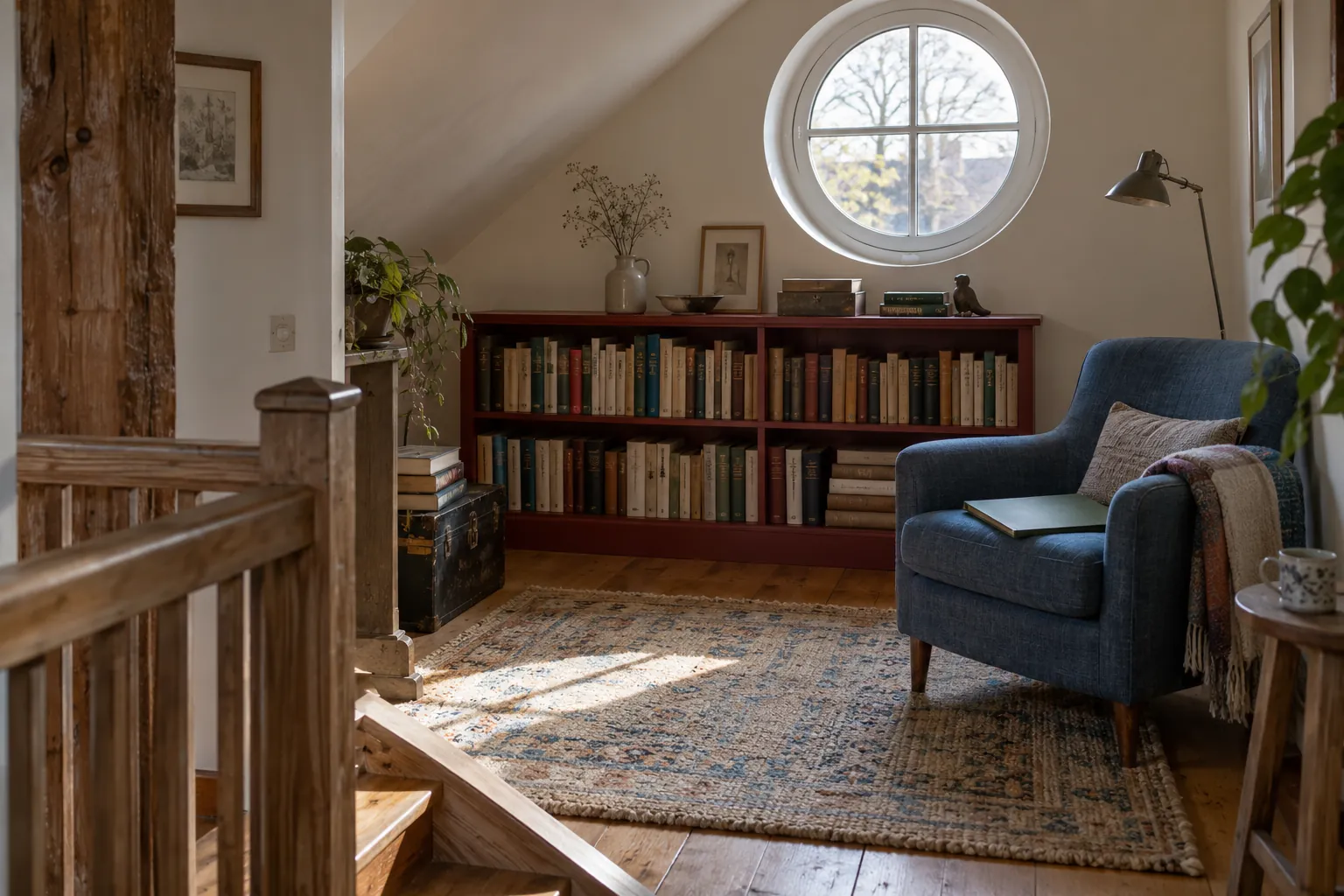 Trockene persönliche Dachbibliothek mit Rundfenster, rotem Bücherregal und blauem Lesesessel mit geschlossener grüner Mappe. KI-generiertes Motiv.