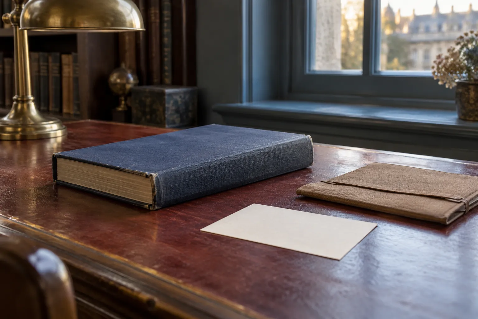 Geschlossenes dunkelblaues Leinenbuch, braune Mappe und leere cremefarbene Karte liegen getrennt auf einem trockenen rötlichen Holztisch am blaugrauen Fenster. KI-generiertes Motiv.
