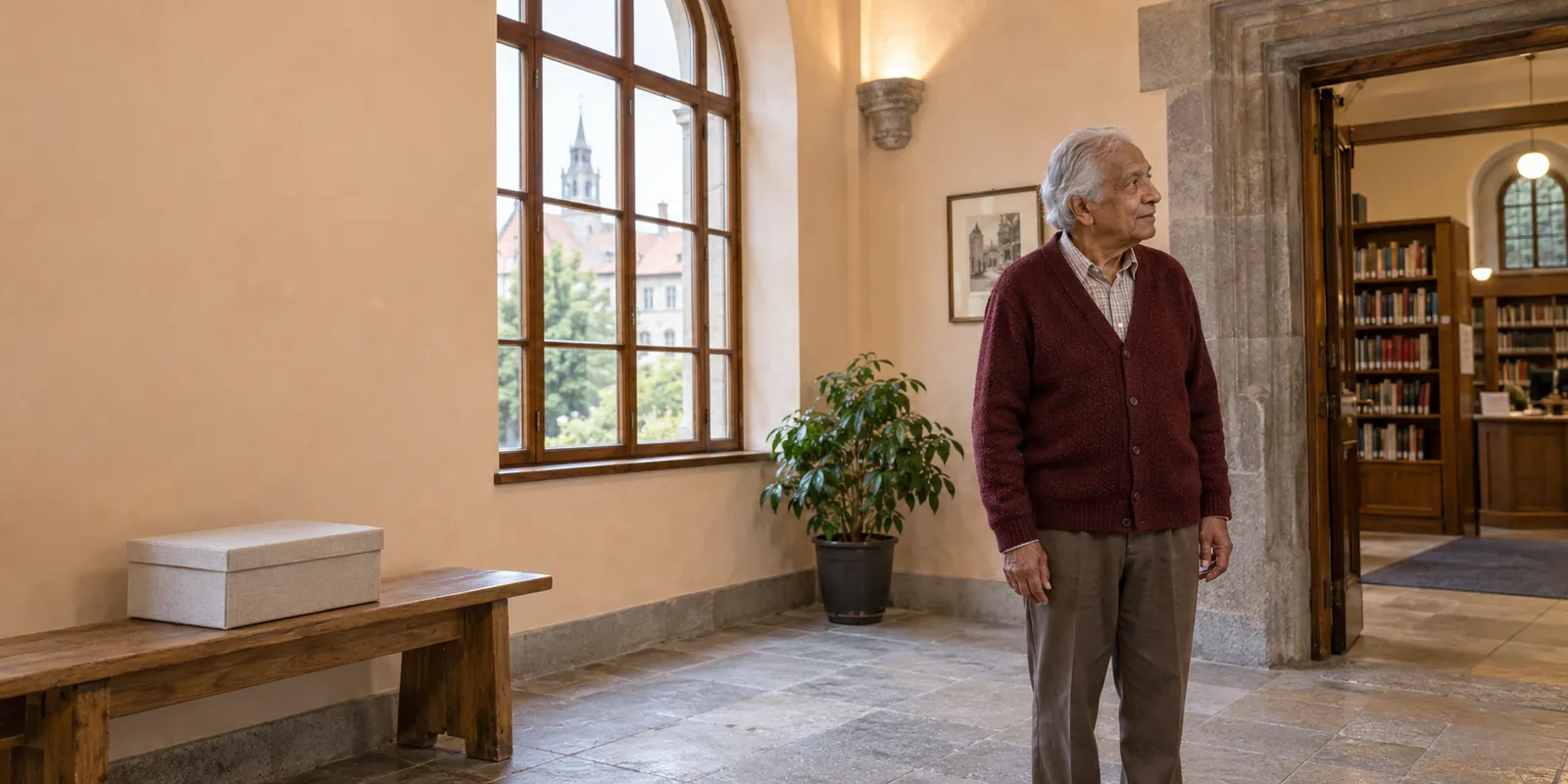 Älterer Mann im bordeauxfarbenen Cardigan steht im trockenen apricotfarbenen Bibliotheksvorraum neben einer Steintür; eine geschlossene Leinenbox liegt separat auf einer Bank. KI-generierte Szene.