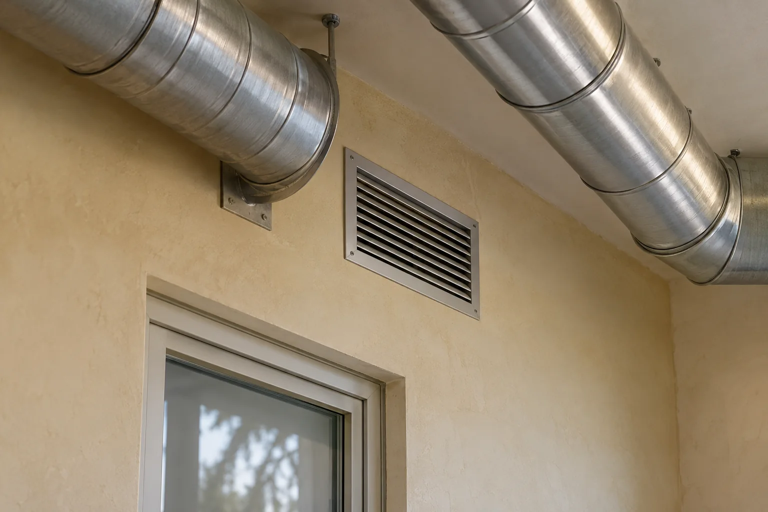 Zwei silberne Lüftungsrohre verlaufen über einer ockerfarbenen Wand mit freiem rechteckigem Lüftungsgitter und dem oberen Teil eines geschlossenen Fensters.