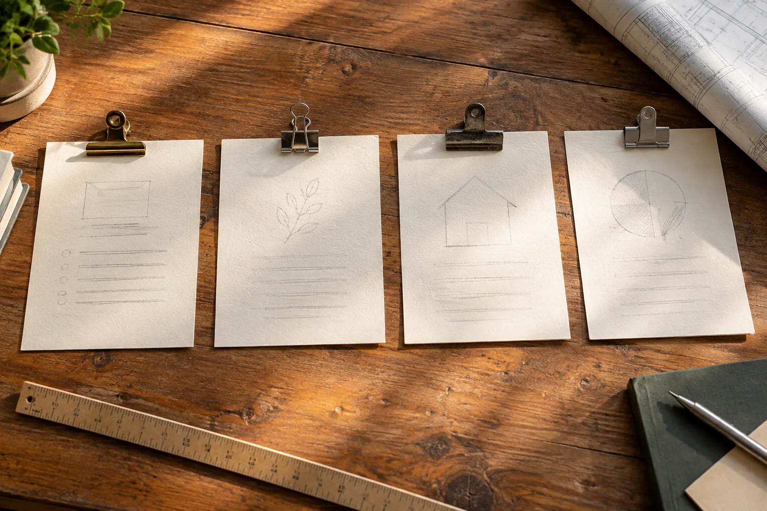 Vier geklammerte Papierkarten liegen neben Lineal und gerolltem Plan auf einem Holztisch.
