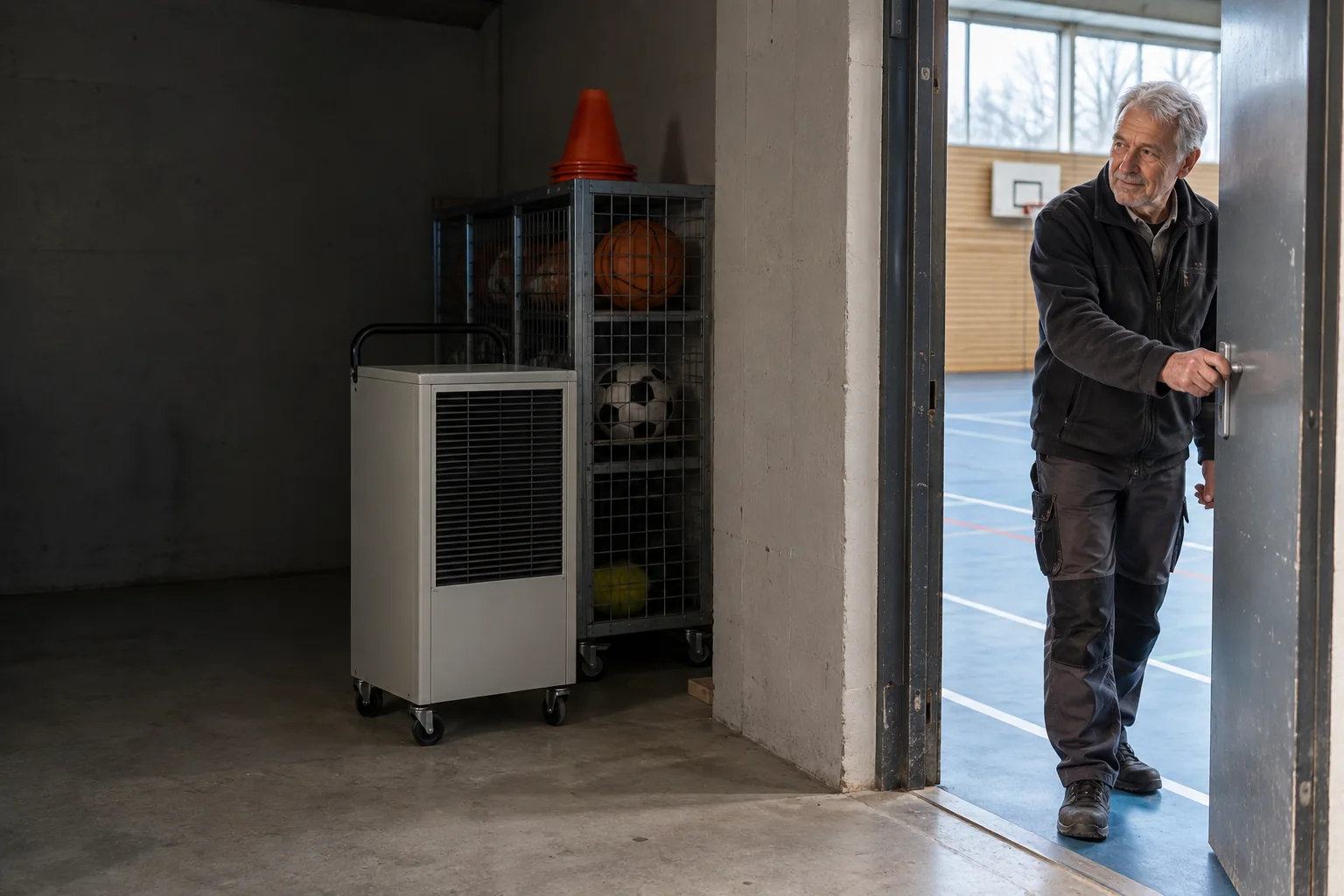 Ein älterer Hausmeister öffnet den geordneten Geräte-Abstellbereich neben einer Sporthalle mit blauem Boden; ein unbeschriftetes Rollgerät steht im Raum.