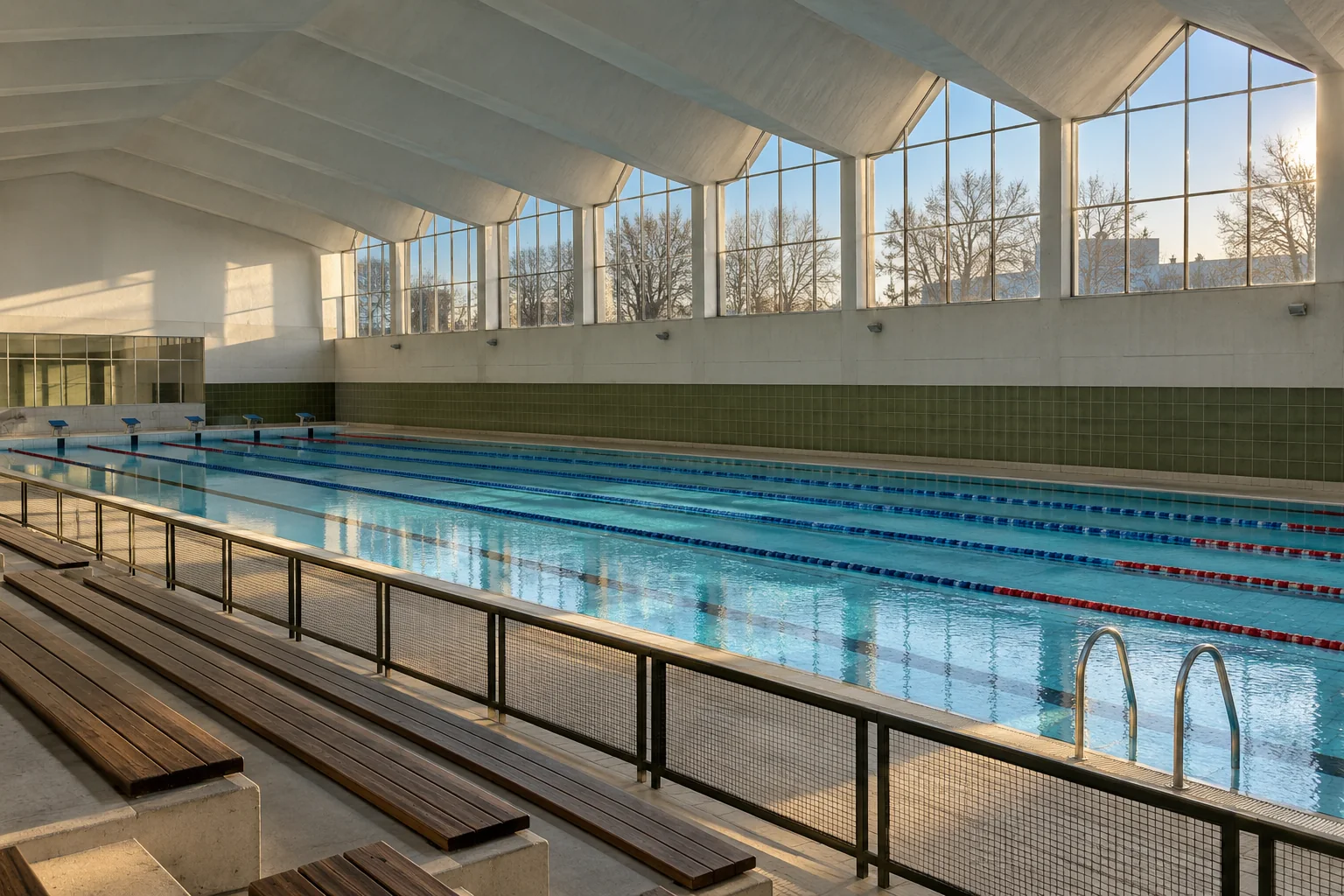 Leere öffentliche Schwimmhalle mit weißen Dachschrägen, langen Bahnen und Holztribüne im Vordergrund. KI-generierte Szene.