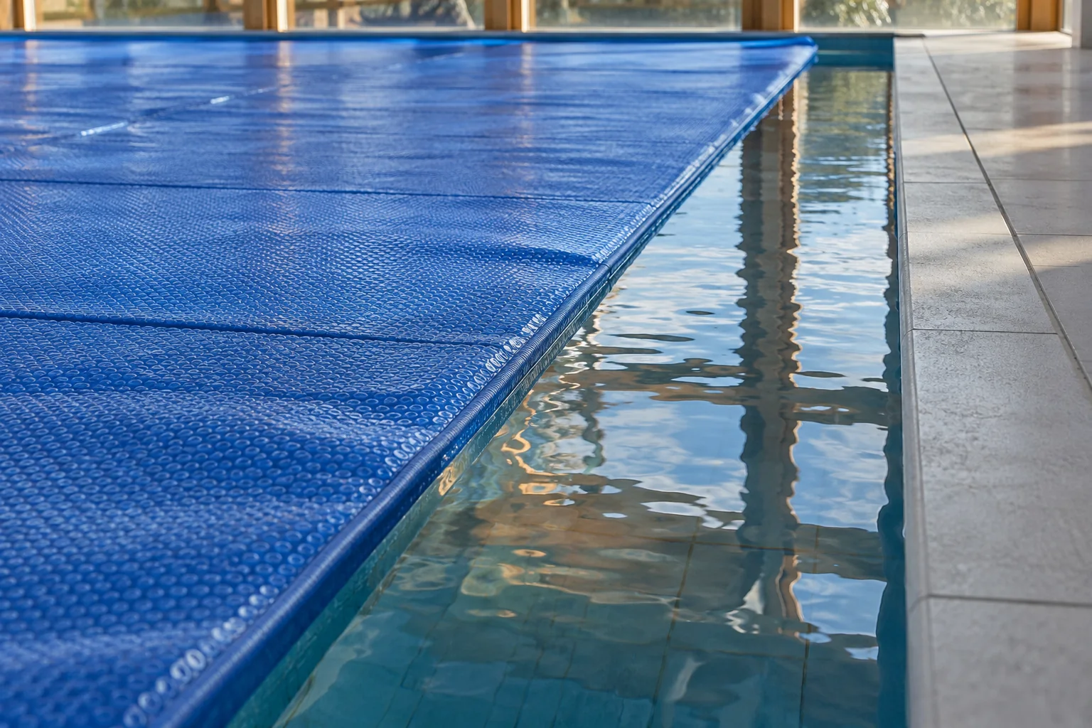 Blaue strukturierte Poolabdeckung liegt neben einem offenen Wasserstreifen und grauem Beckenrand. KI-generiertes Detailmotiv.
