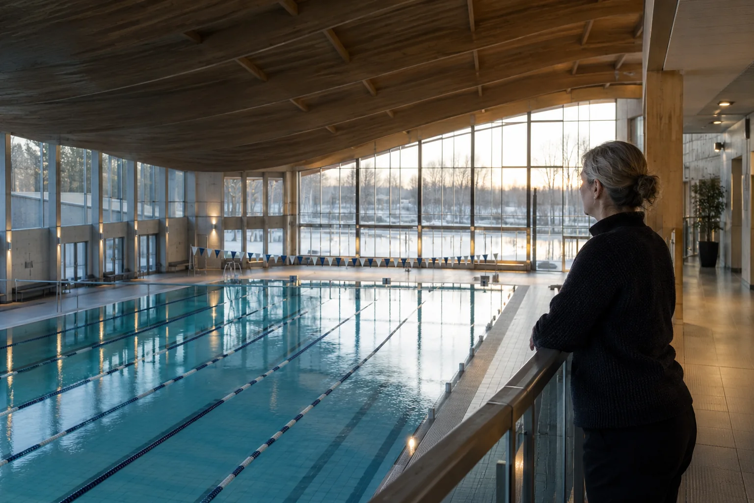 Grauhaarige Frau blickt von einer trockenen Besuchergalerie über Schwimmbahnen unter einem gebogenen Holzdach. KI-generierte Szene.