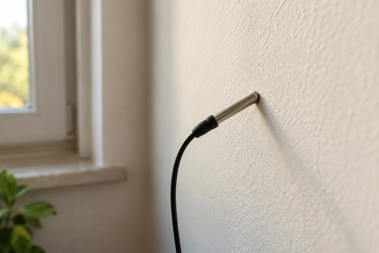 Die runde Spitze eines Kontaktfühlers liegt an einer intakten, matt gestrichenen Wand an.