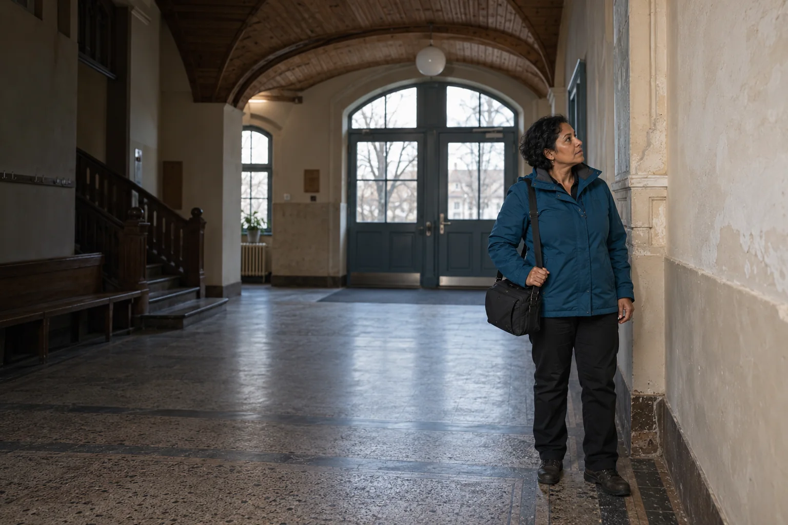 Frau in petrolblauer Jacke mit geschlossener Kameratasche betrachtet eine Putzwand in einer Eingangshalle mit gewölbter Holzdecke. KI-generierte Szene.