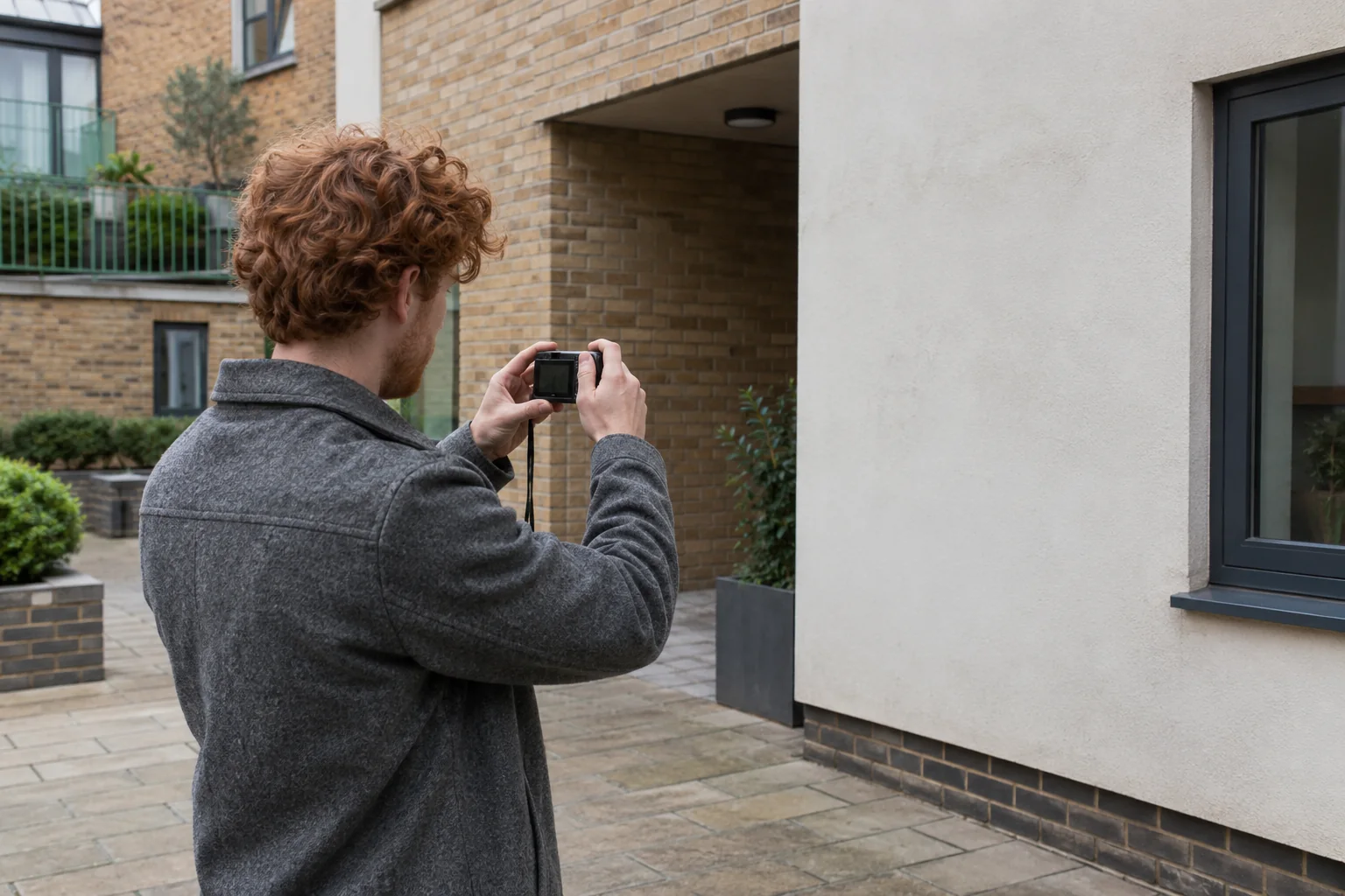Junger Mann mit lockigem rötlichem Haar und grauer Jacke fotografiert eine helle Außenwand an einer Backsteinecke mit einer kleinen Kamera. KI-generierte Szene.