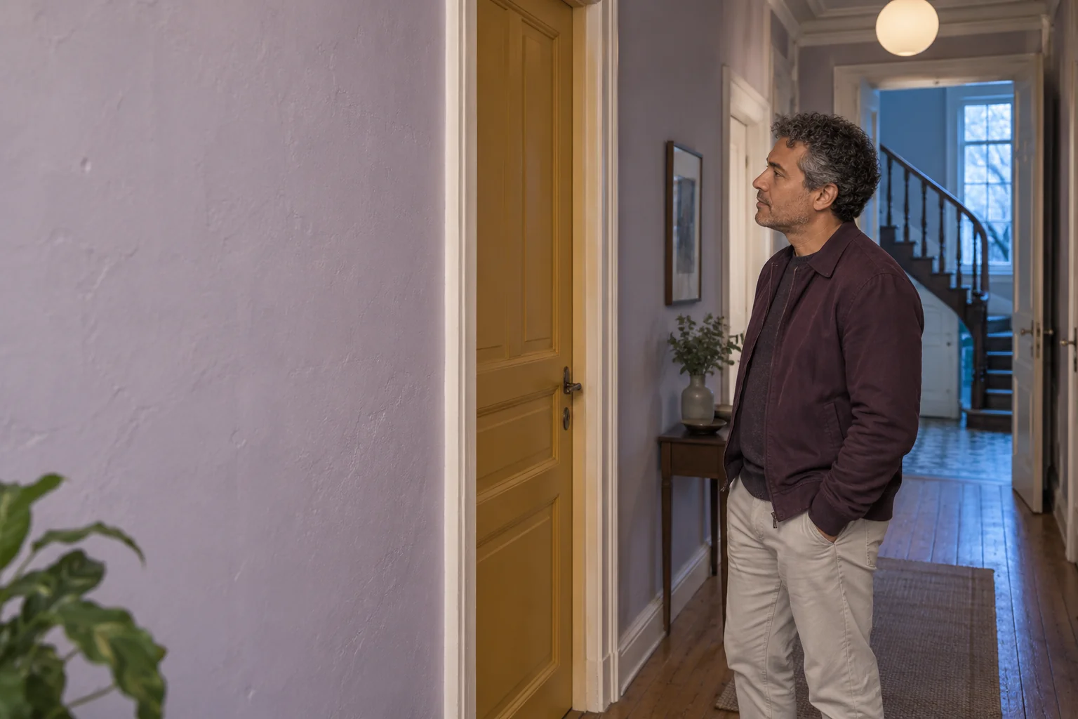 Ein Mann mit grau durchsetzten Locken und pflaumenfarbener Jacke steht rechts im Wohnungsflur vor einer ockerfarbenen Tür; links liegt eine breite helle Wandfläche.