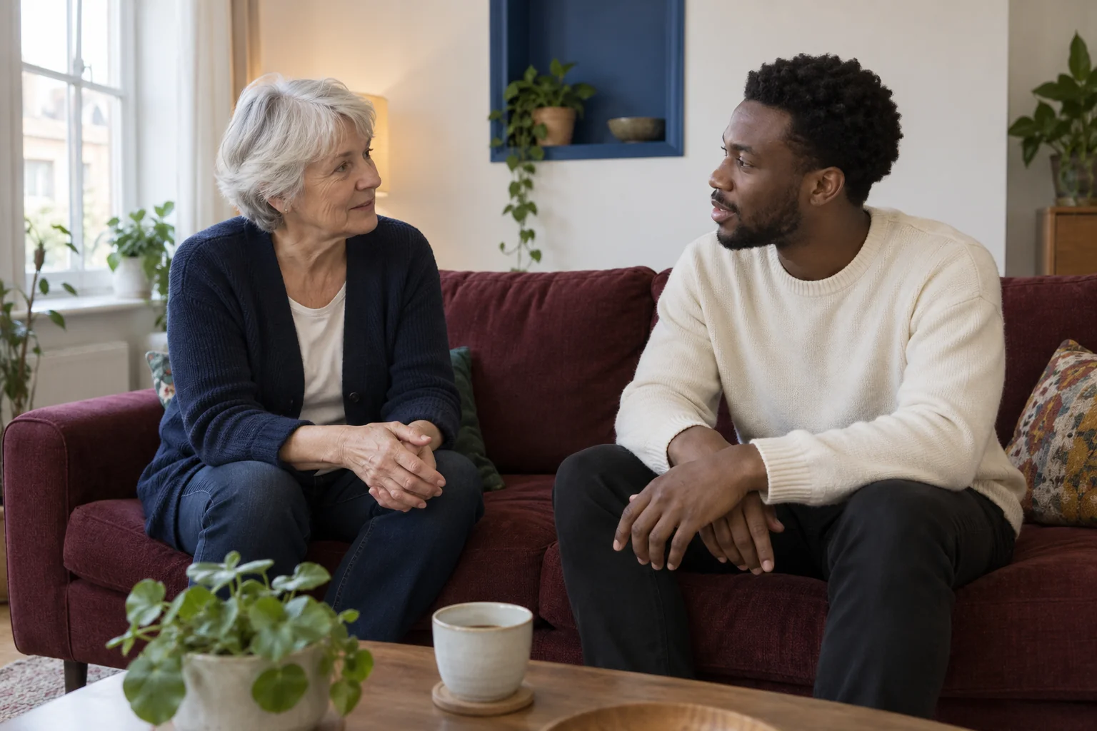 Eine ältere Frau mit kurzem silbernem Haar und ein junger Mann im cremefarbenen Pullover sprechen auf einem burgunderfarbenen Sofa in einem hellen Wohnbereich.