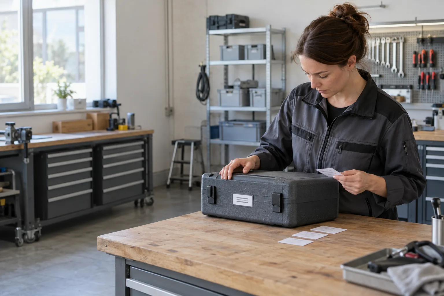 Eine Technikerin gleicht eine Papierkarte mit einer Kennzeichnung auf einem geschlossenen grauen Transportkoffer ab.