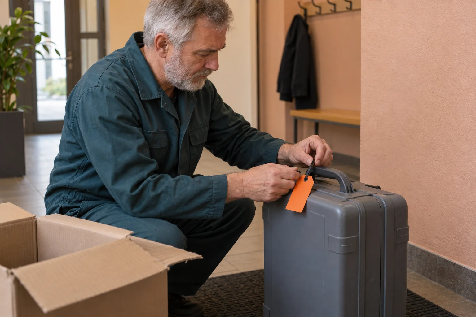 Ein älterer Mitarbeiter befestigt einen unbeschrifteten orangefarbenen Anhänger am Griff eines geschlossenen grauen Transportkoffers neben einem leeren Karton.